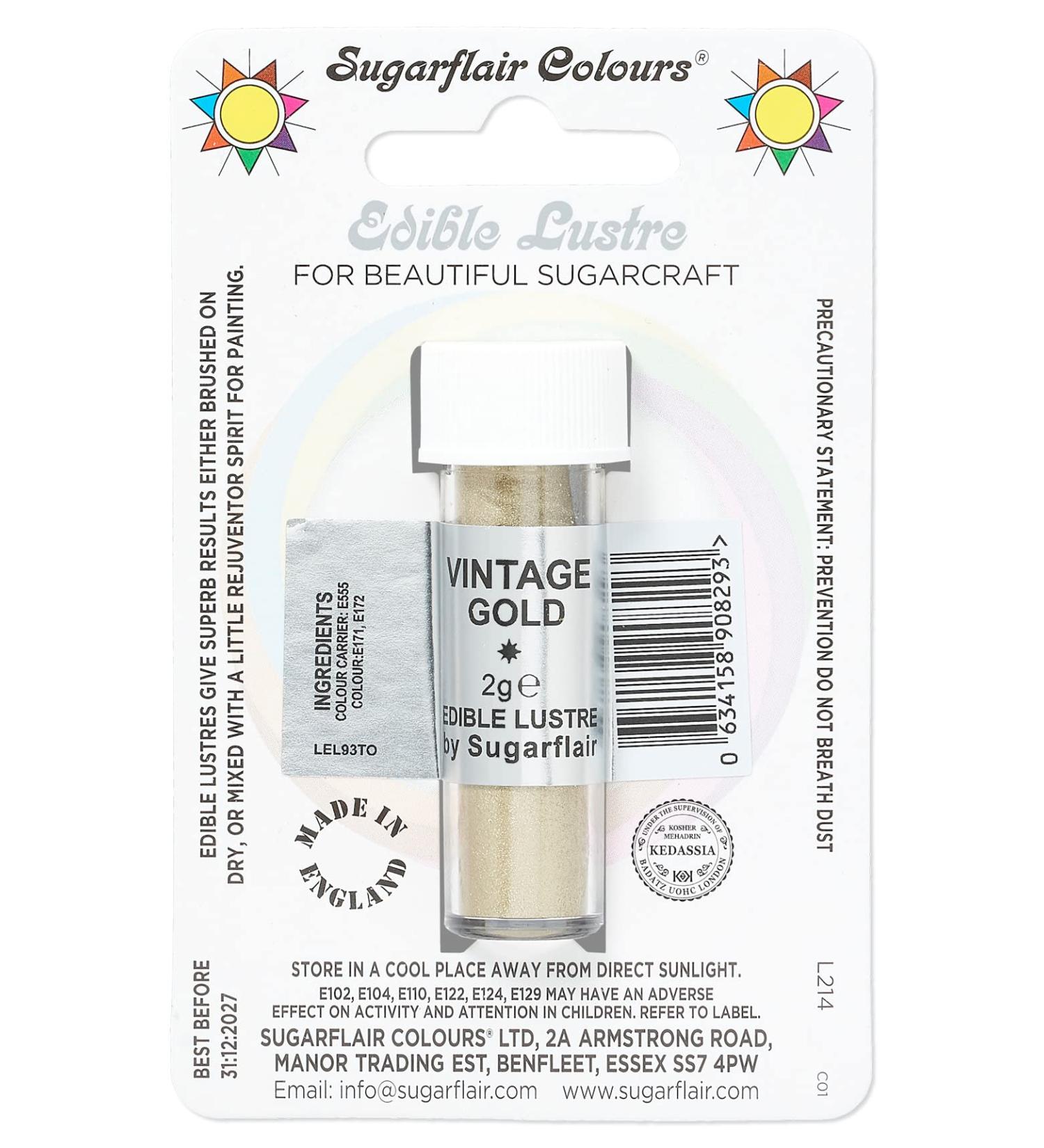 Sugarflair Vintage Gold Edible Lustre Dust Add a Lustrous Shine to Cakes or Decorations. Brush On or Add Rejuvenator to Create Eye-Catching Edible Paint Gives Shine to Your Bakes - 2g