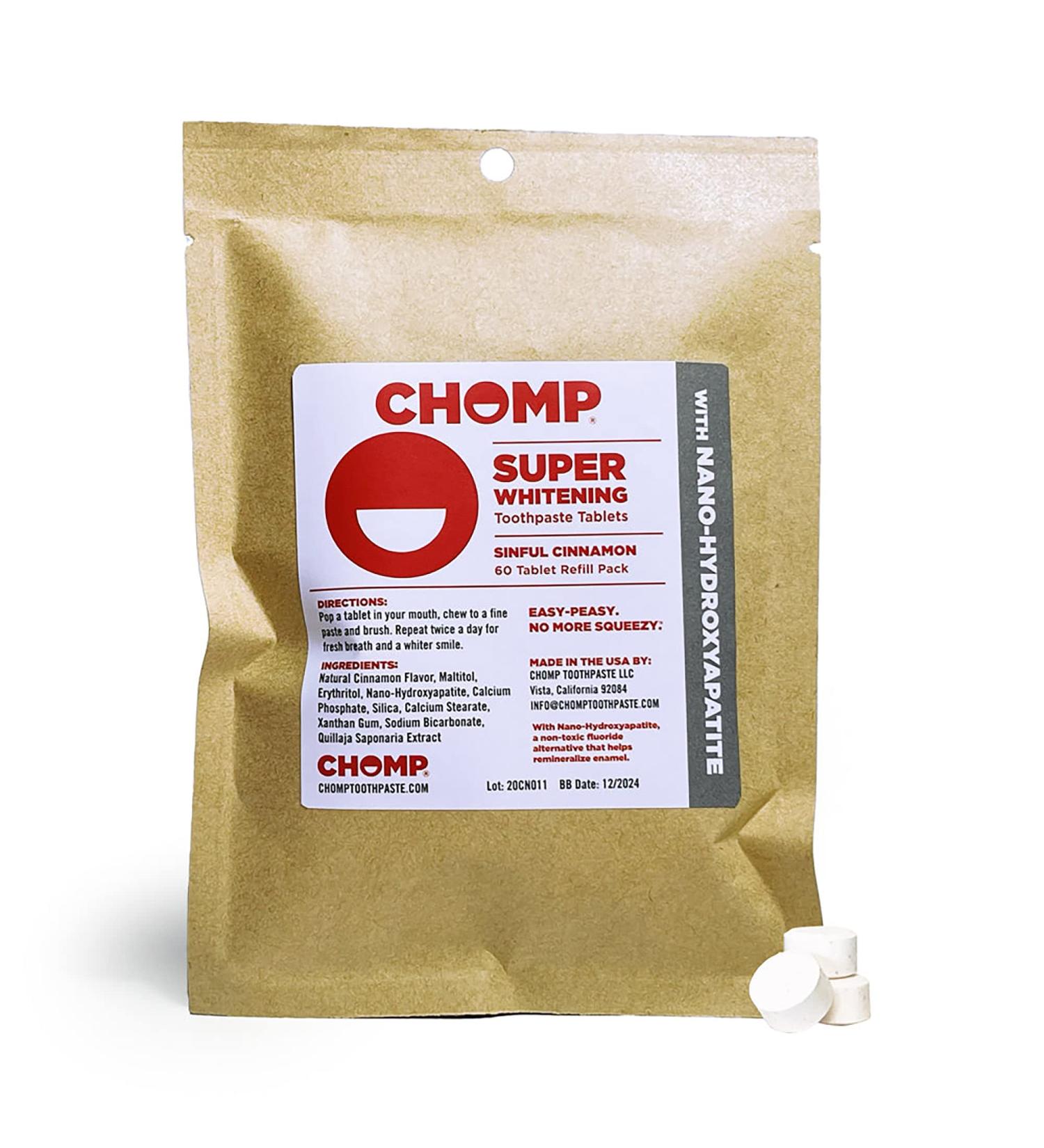 Chomp Super Whitening Cinnamon Toothpaste Tablets - Nano Hydroxyapatite Refill - Buy Online on GoSupps.com
