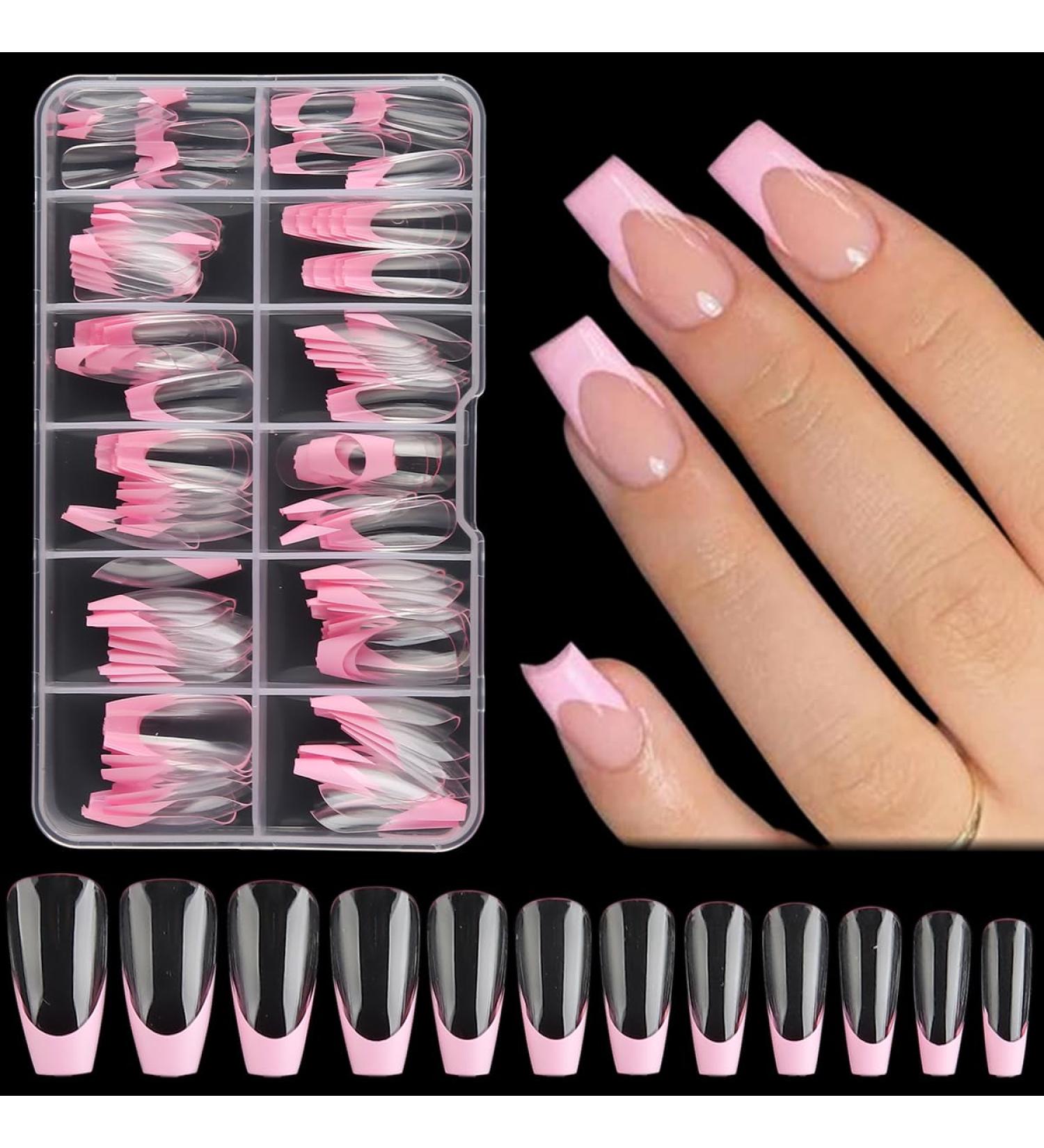 Buy French Tip Press On Nails - Pink Coffin Short Stick On Nails | Y2K Design Full Cover Soft Gel Tips - 12 Sizes Available - Buy Online on GoSupps.com