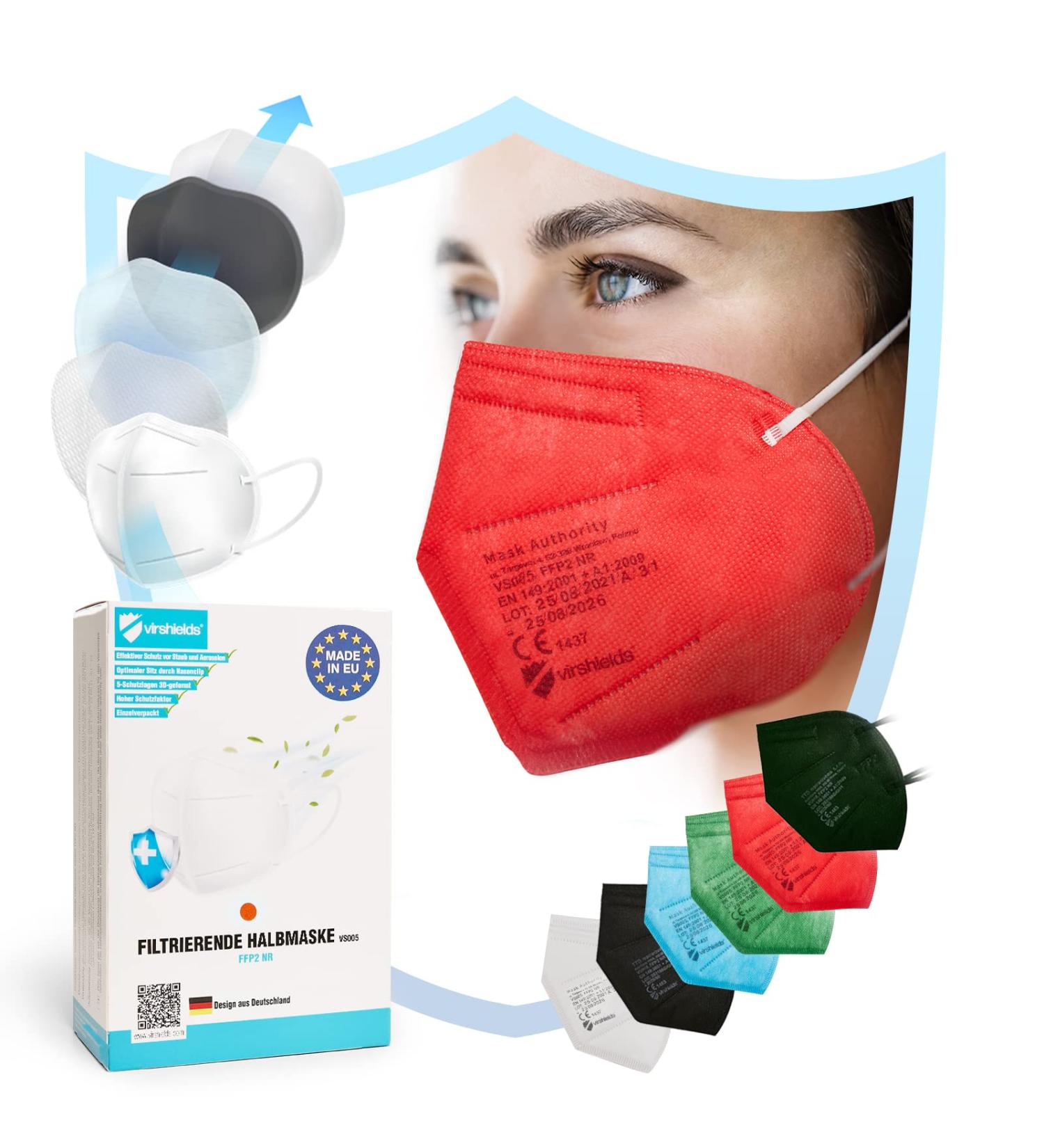 Virshields FFP2 Mundsprung Mask - PFE 94% VFE 99.99% - 5 Layers - EN 149:2001+A1:2009 - Protective Breathing Mask - Buy 1 Pack (1000 Pieces) - Made in EU - Available in Various Colors - Buy Online on GoSupps.com