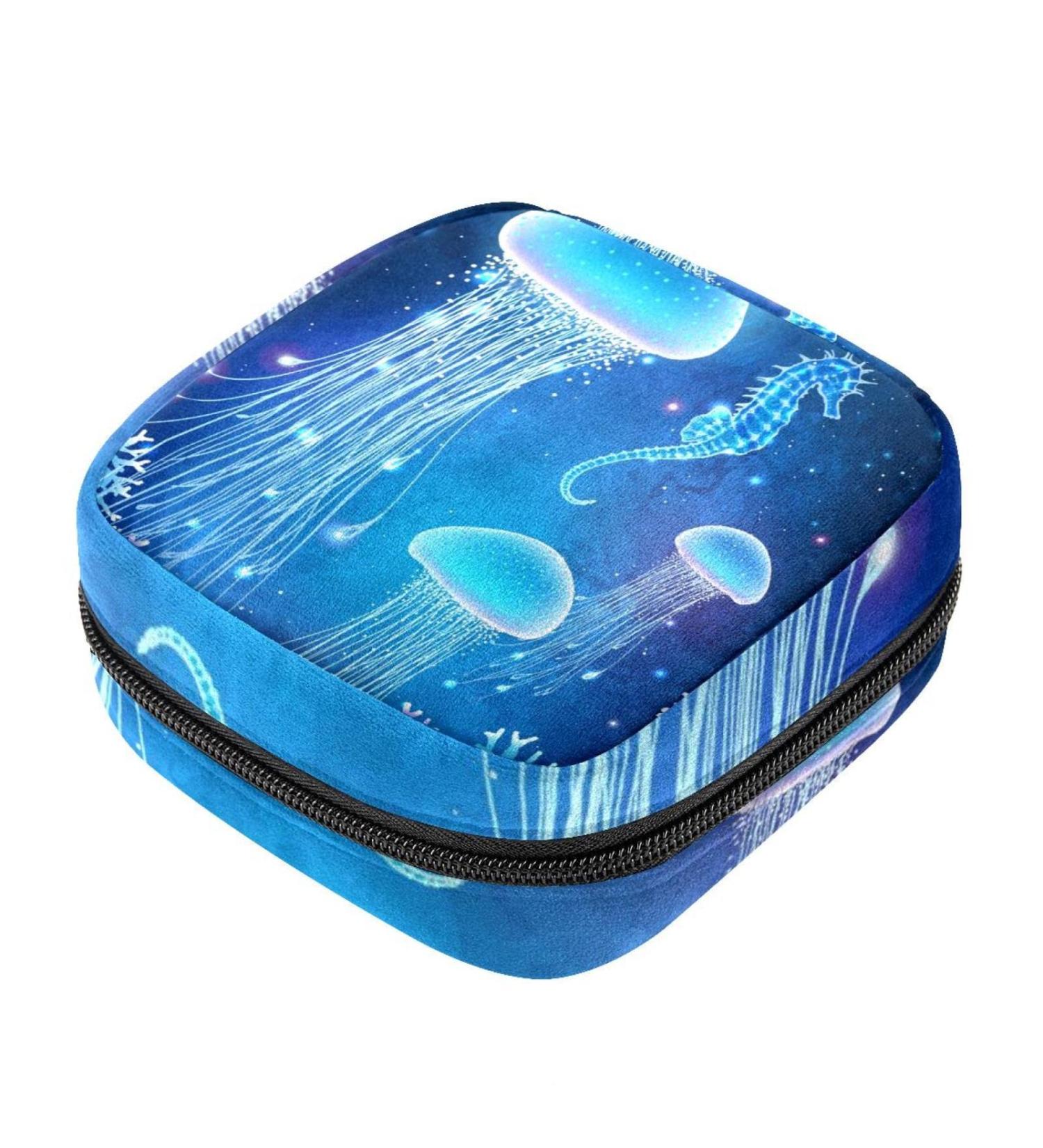 Menstruation Pad Bag with Zipper - Stylish Women's Napkin & Tampon Bags (Bright Jellyfish & Seahorses) - Buy Online on GoSupps.com