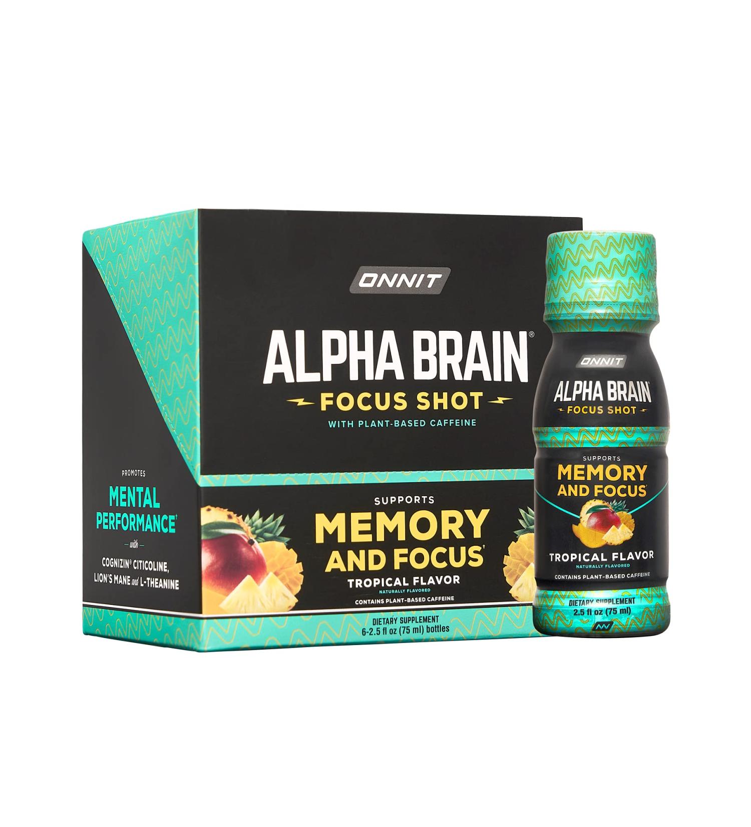 Onnit Alpha BRAIN Focus Energy Shot Supplement - Tropical Fruit, 2.5 fl oz (6 ct) - Boost Energy, Mood, and Brain Function - Buy Online on GoSupps.com