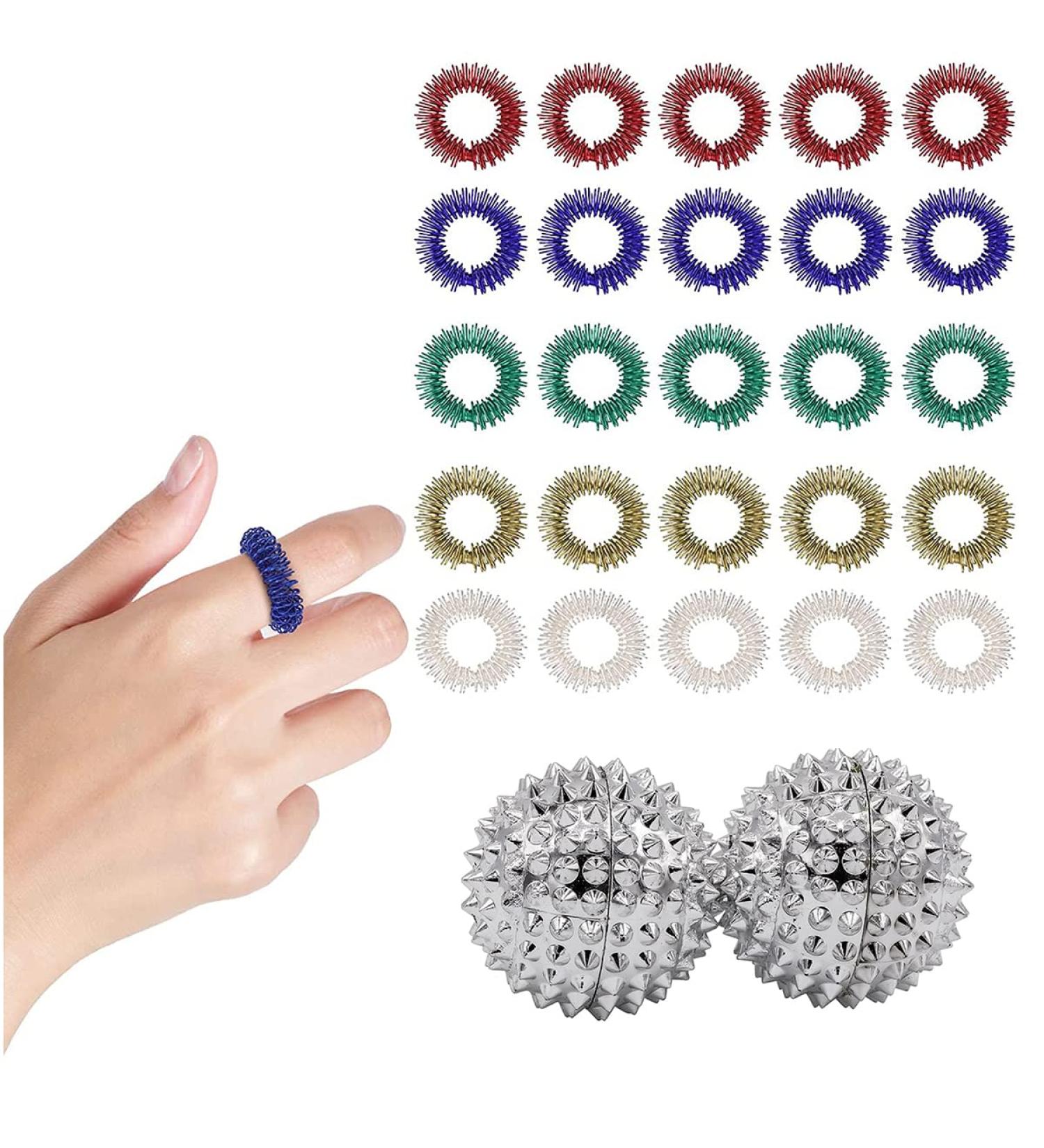 25 Finger Massage Rings & 2 Magnetic Acupressure Balls - Spiky Sensory Anti-Stress Tools in 5 Colors - Ideal for Acupressure & Arthrosis Relief - Buy Online on GoSupps.com