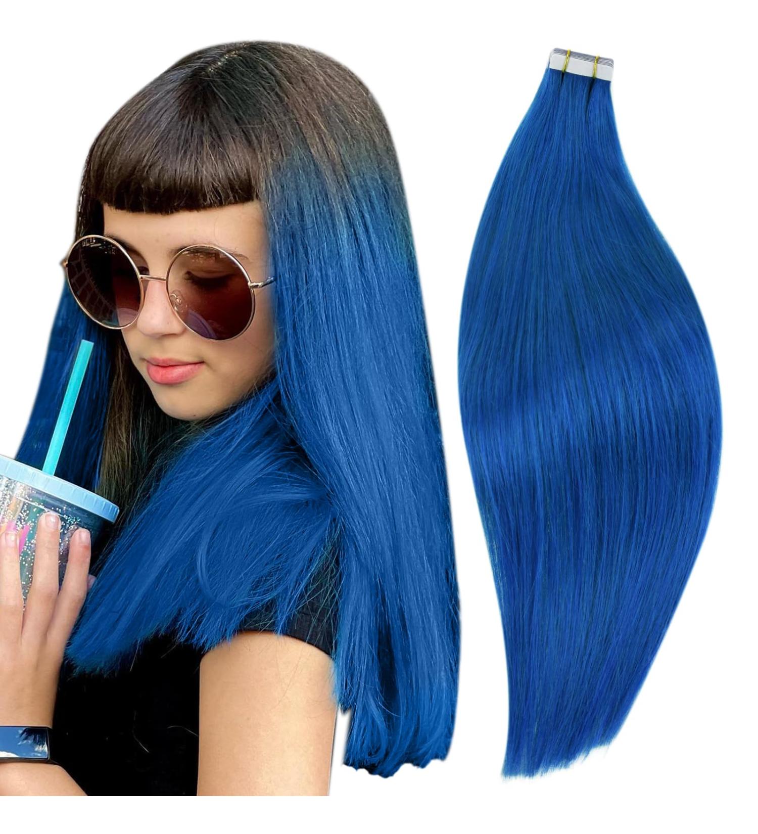 RUNATURE Blue Tape in Hair Extensions - 12 Inch 20g Human Hair Tape in Extensions in Vibrant Blue Color - Buy Online on GoSupps.com
