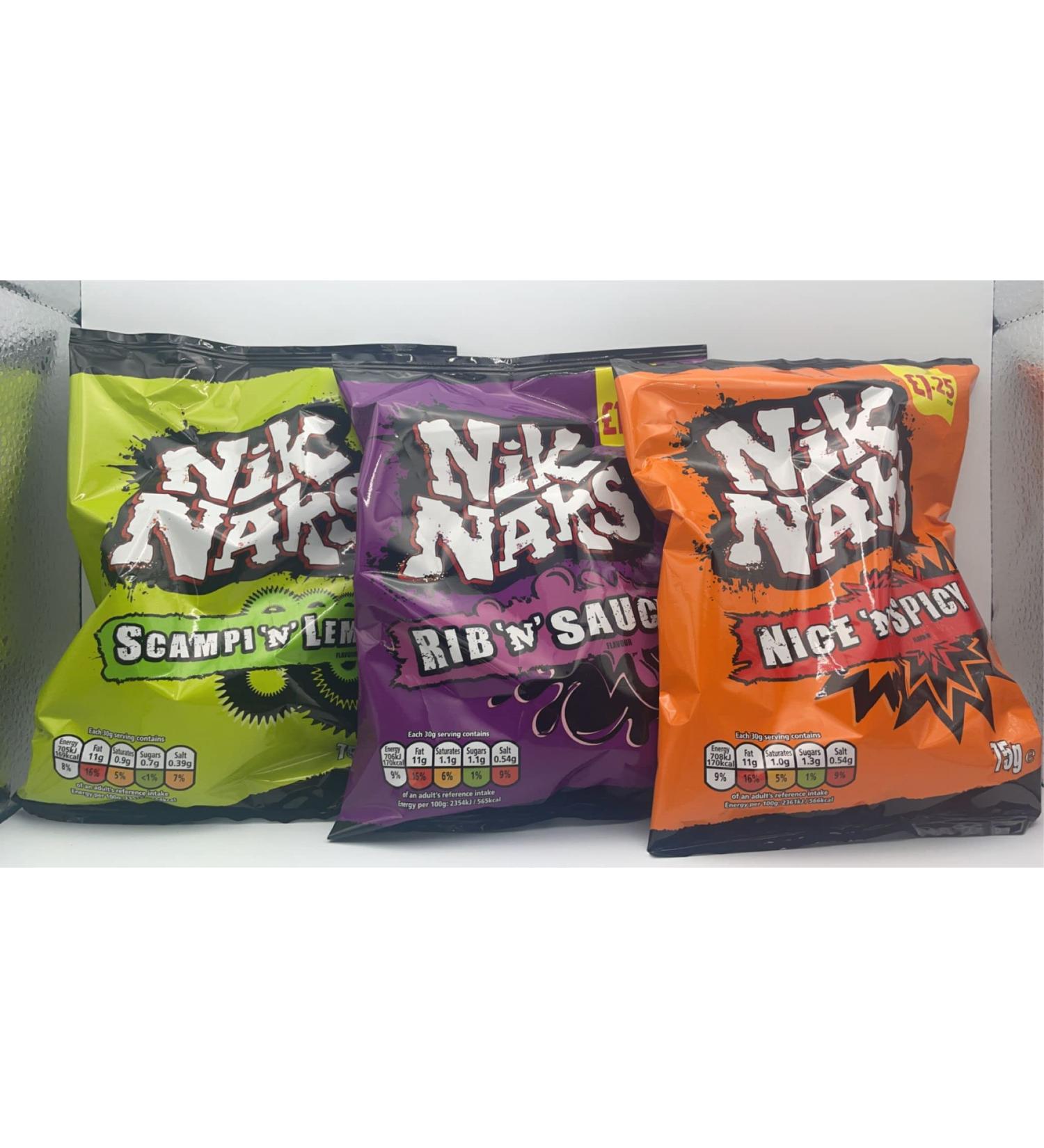 A pack of 3 Nik Naks Crisps Corn Snacks Flavor | Nik Naks Nice & Spicy| Nik Naks Rib & Saucy | Nik Naks Scampi & Lemon | 75g each - Buy Online on GoSupps.com