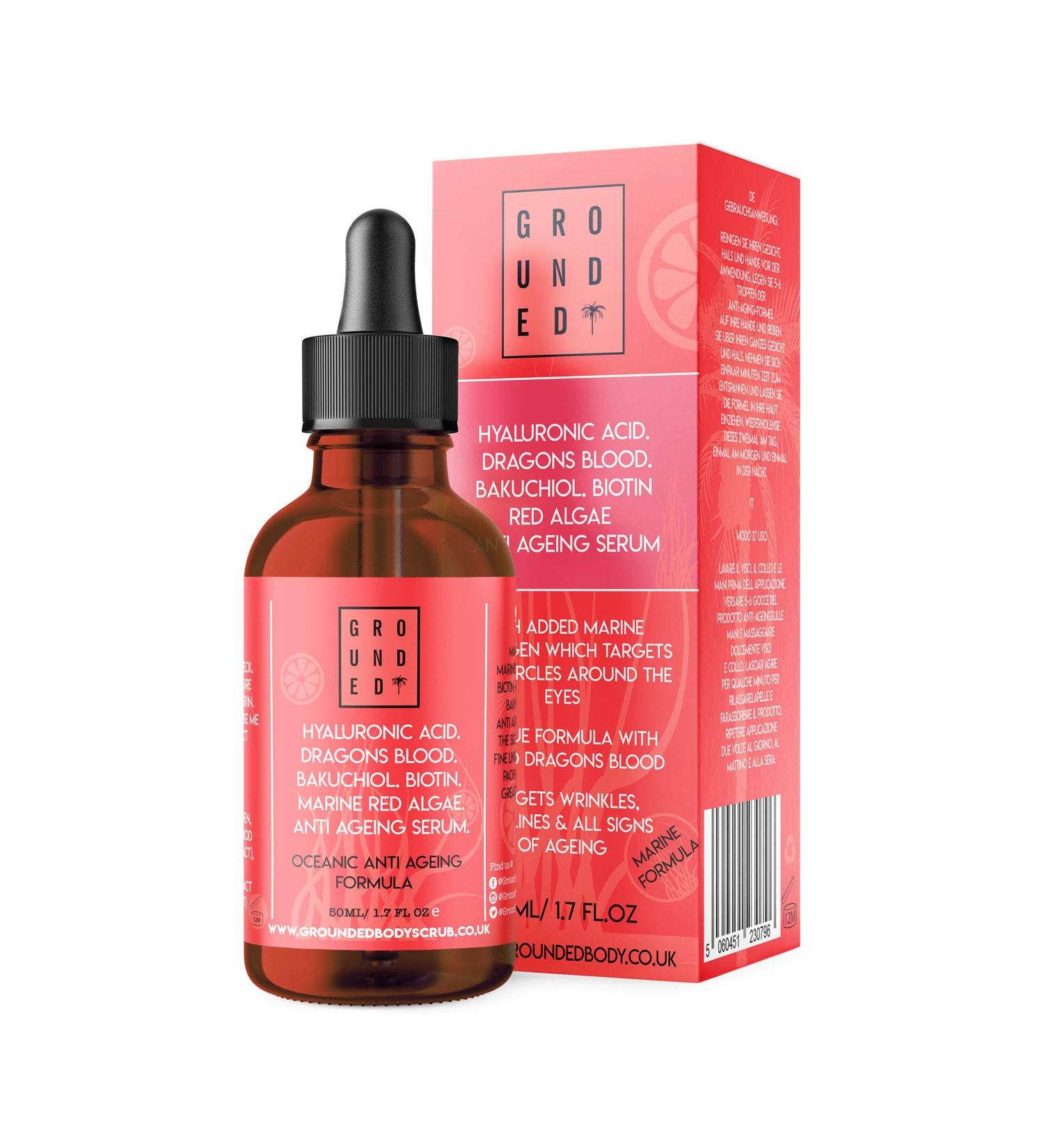 Grounded Hyaluronic Acid Serum | Anti Ageing Face Solution | Instantly Targets Wrinkles Fine Lines & All Signs of Ageing | Formulated with Dragons Blood & Marine Collagen | Pure Natural Skincare 50mL - Buy Online on GoSupps.com
