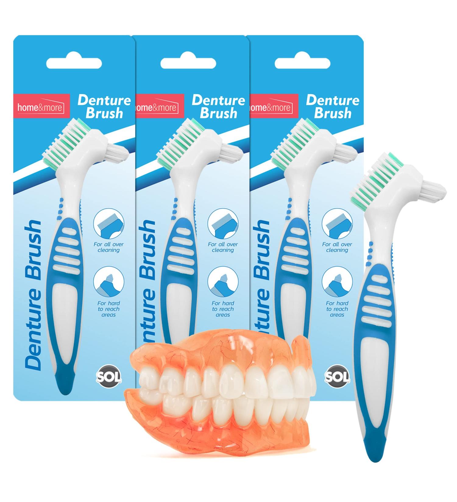 4pk Denture Toothbrush with Soft Bristles and Easy Grip Handle | Dual Angled Brush Heads for Denture Cleaning | Retainer Brush for Retainers | Includes SOL Sticker - Buy Online on GoSupps.com