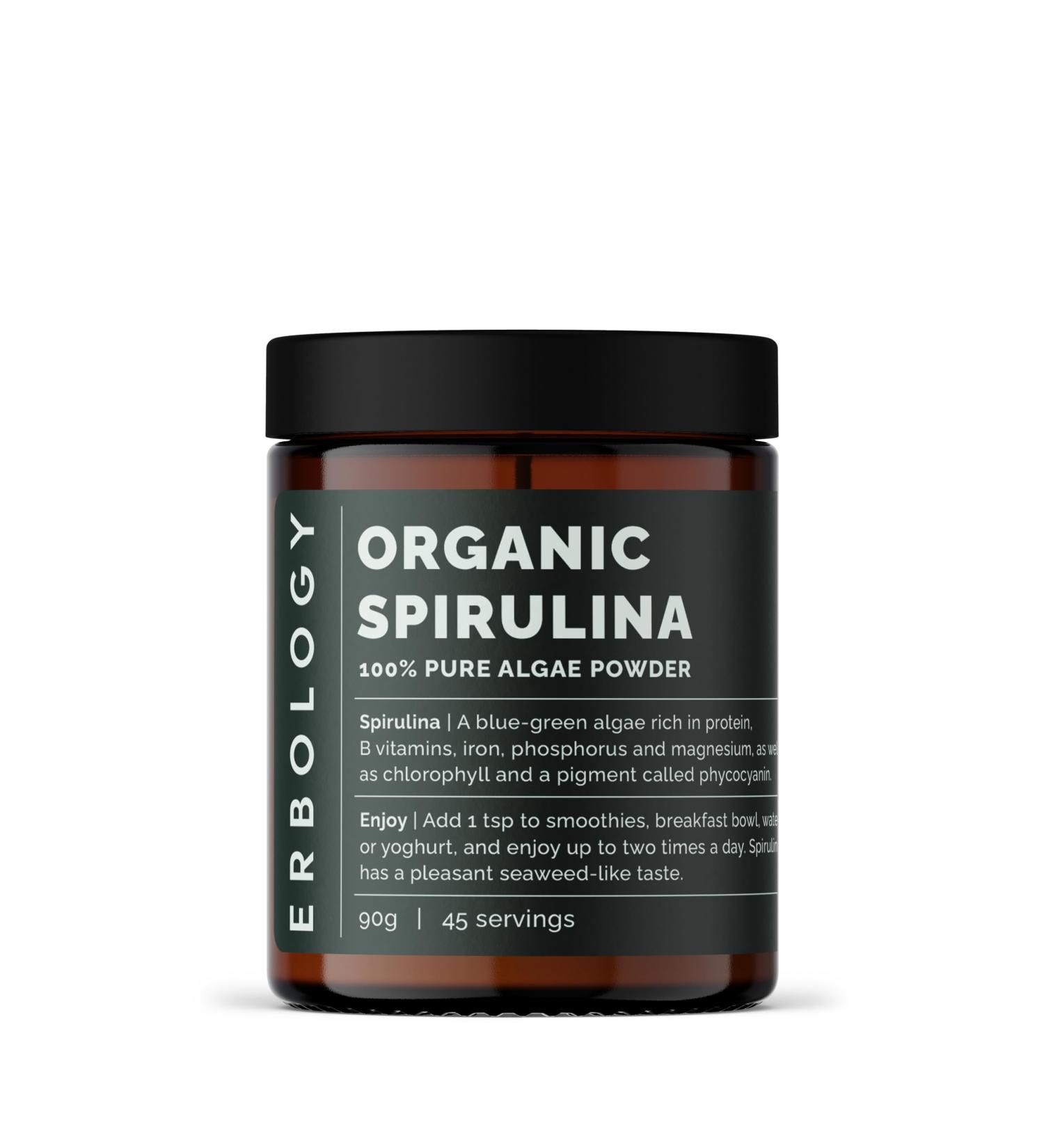 Erbology Organic Spirulina Powder 3.2 oz - 45 Servings - Sustainably Sourced in Portugal - Energy and Immunity Support - Rich in Chlorophyll B Vitamins Iron and Phosphorus - Vegan - GMO-Free Spirulina 3.2 Ounce (Pack of 1) - Buy Online on GoSupps.com