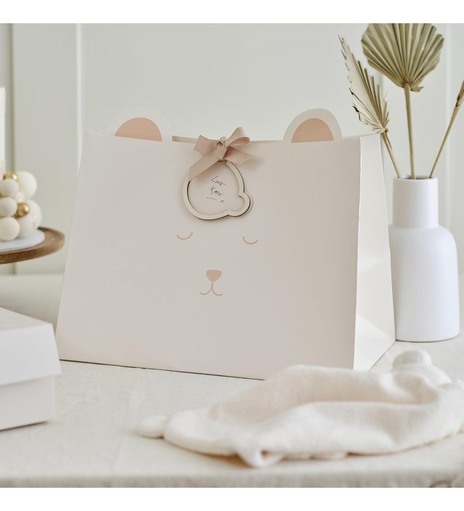 Ginger Ray Baby Shower White Teddy Bear Gift Bag with Pop-Out Ears | Neutral Gender-Friendly Design - Buy Online on GoSupps.com