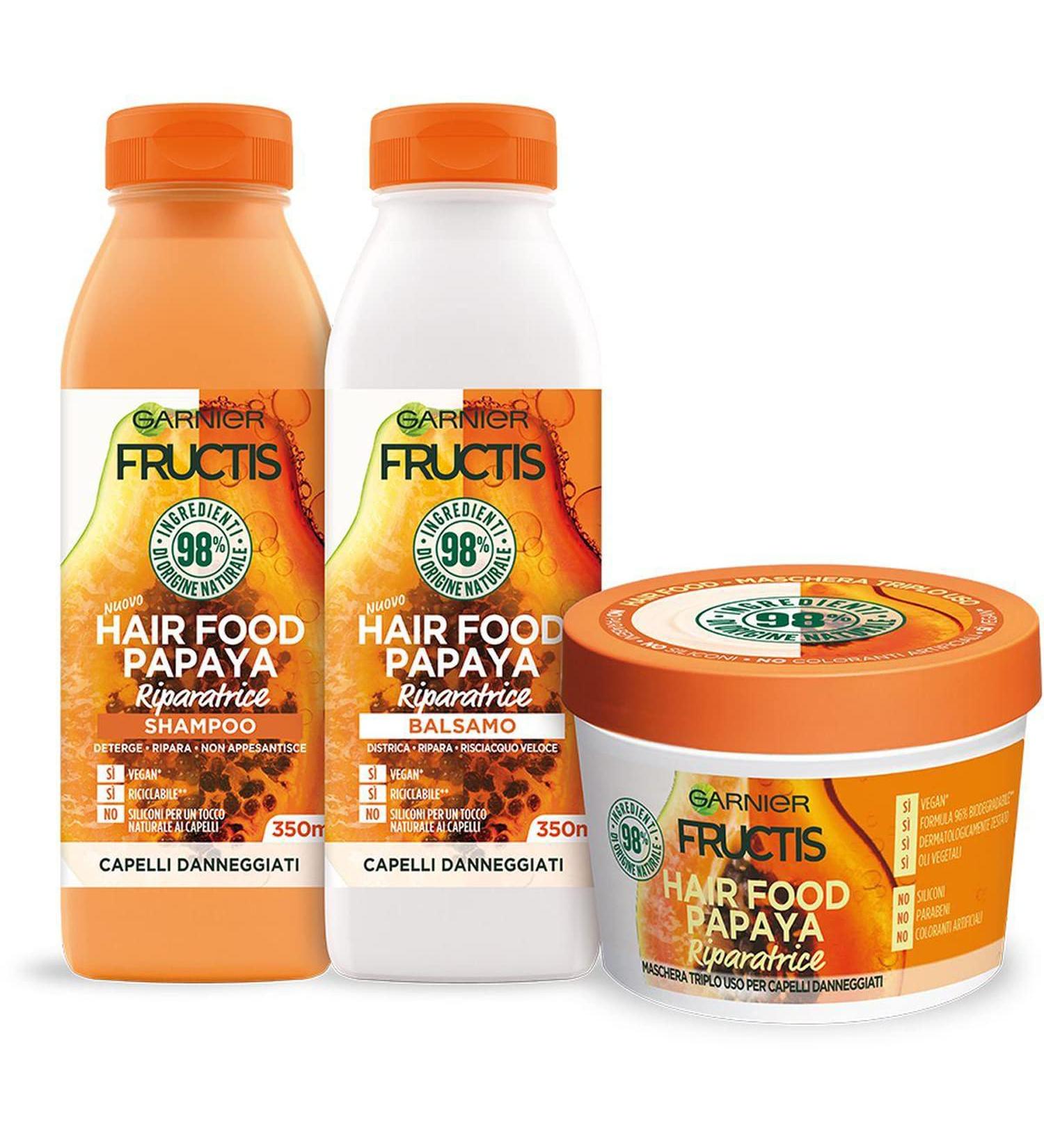 Garnier Fructis Hair Food Papaya Shampoing Vegan 350ml + Apr s-shampoing 350ml + Masque Triple Usage 390ml pour Cheveux Ab m s 98% d'Ingr dients d'Origine Naturelle - Lot de 3