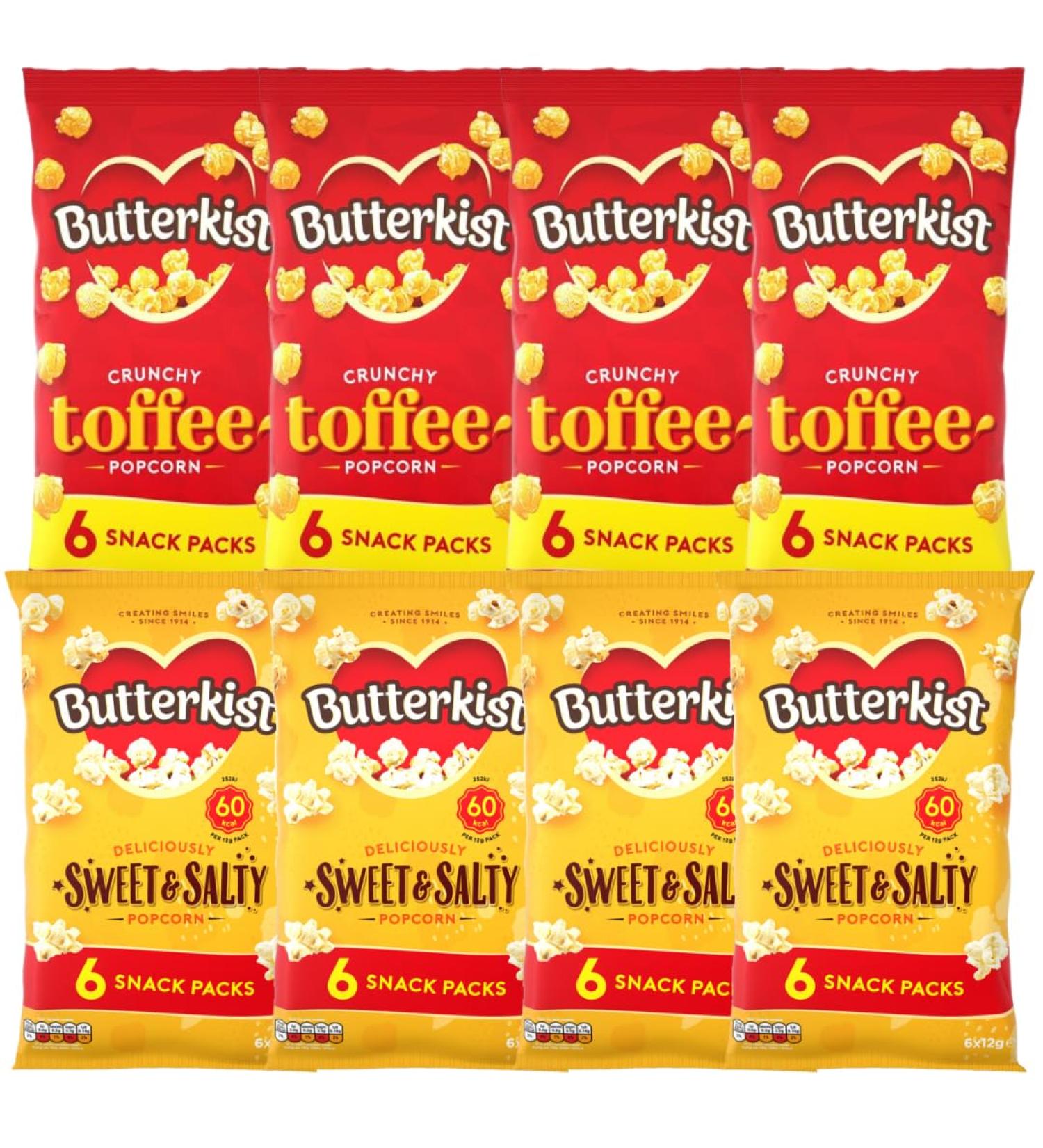 Popcorn Bundle with Butterkist Delicious Sweet & Salty Popcorn 6x12g x4 and Crunchy Toffee Popcorn 6x20g x4 (8 Pack) - Buy Online on GoSupps.com