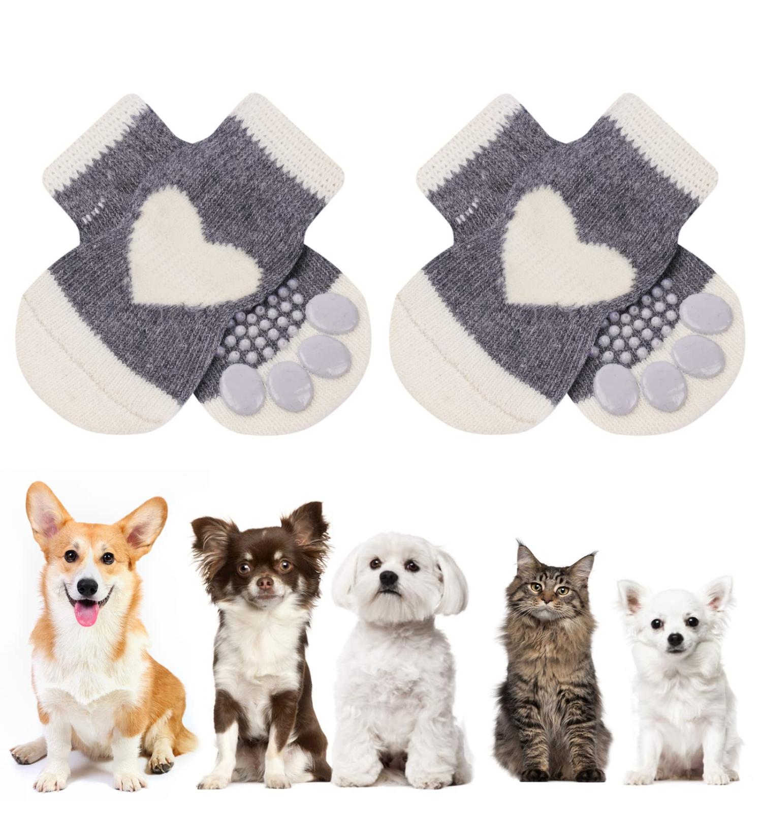 Auauy Indoor Anti-Slip Socks for Dogs & Cats | Pet Socks with Silicone Gel Traction | Paw Protection for Small-Medium Pets (Gray & White) - Buy Online on GoSupps.com