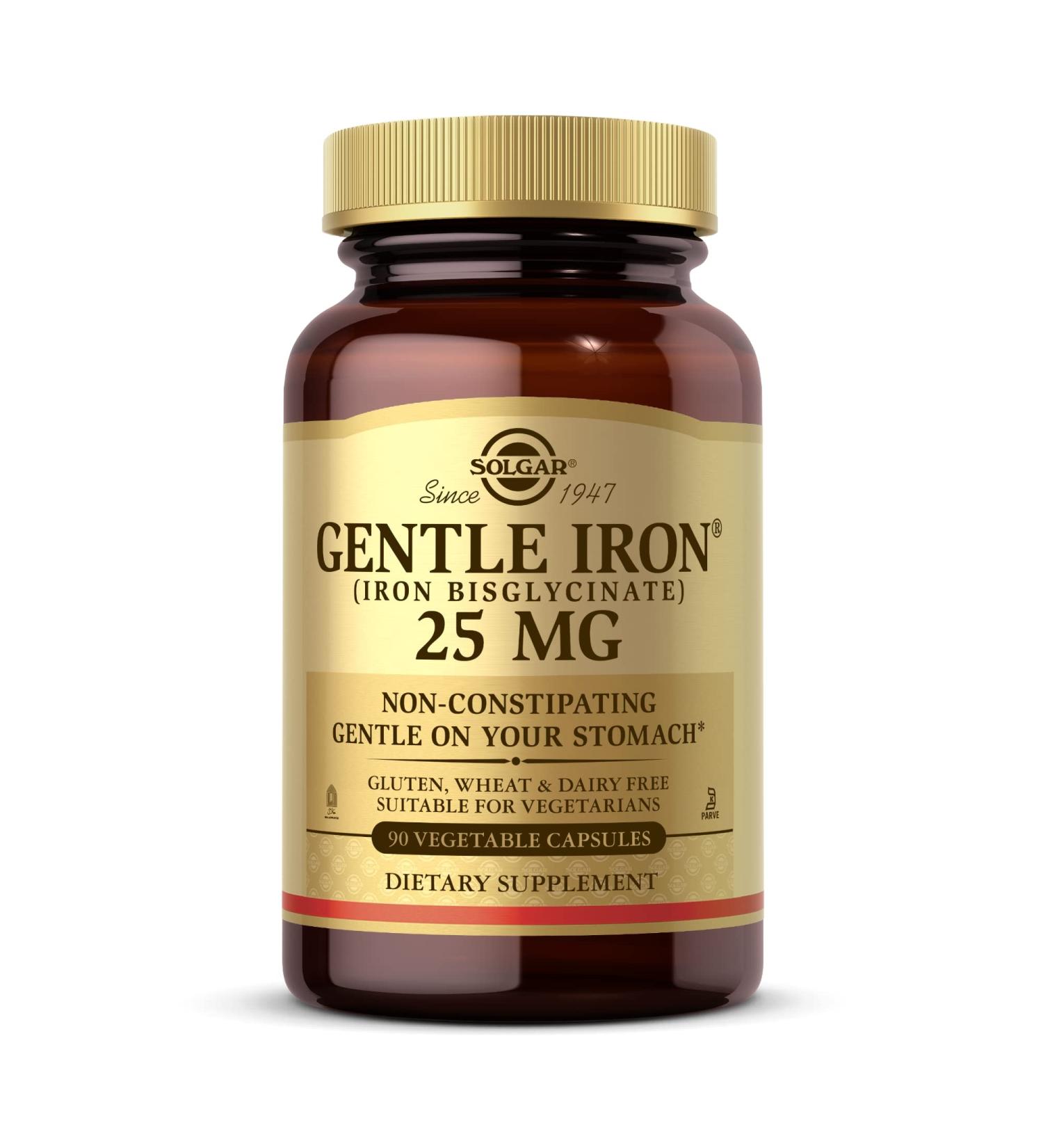 Solgar Gentle Iron 25mg - 90 Vegetable Capsules | Non-Constipating & Gluten Free | 90 Servings - Buy Online on GoSupps.com