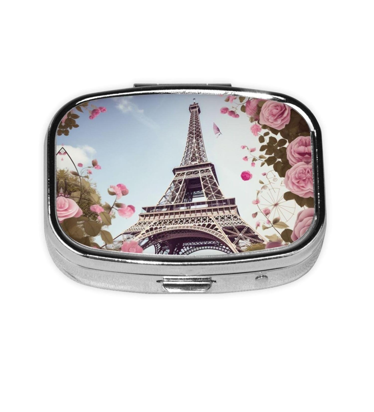 Paris Eiffel Tower Flower Print Small Pill Case | 2 Compartment Travel Pill Organizer | Cute Pill Box for Purse & Gifts - Buy Online on GoSupps.com