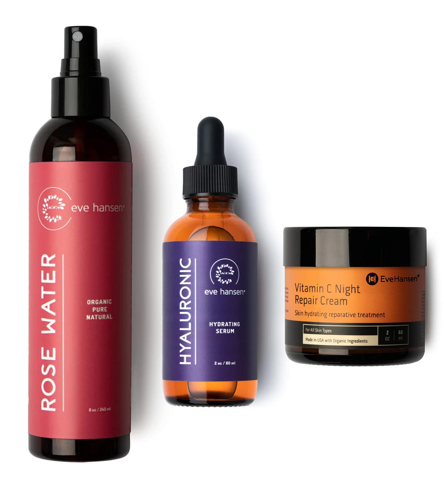 Eve Hansen Soothe & Repair Set: Organic Rose Water Spray for Face Moroccan Rosewater Face Toner Setting Spray 8oz | Hydrating Hyaluronic Acid Serum for Face 2oz | Anti Aging Vitamin C Night Cream 2oz - Buy Online on GoSupps.com