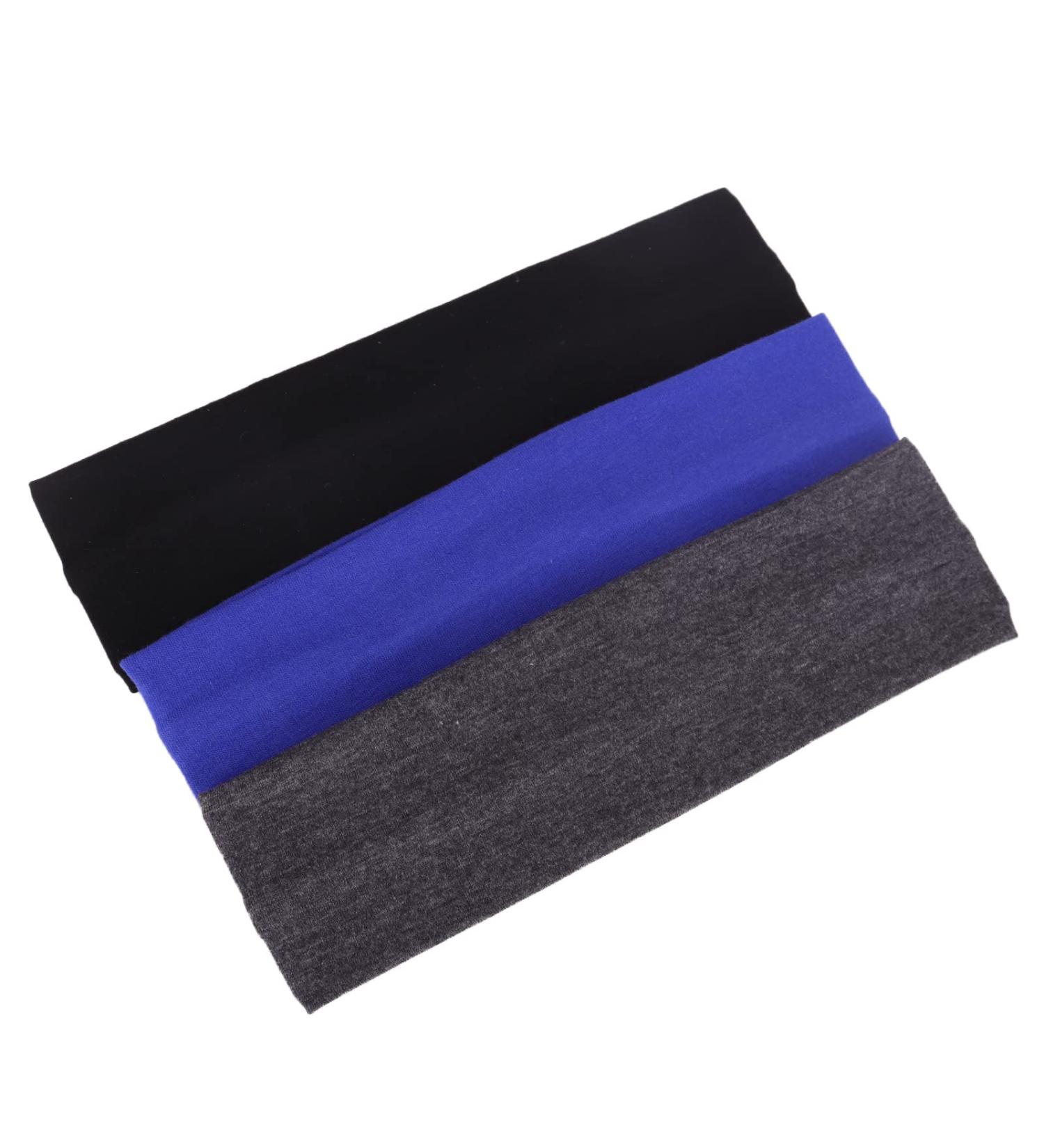 MapofBeauty 3 Pack Yoga Headbands - Stretchy Cotton Hair Wraps for Sports Running & Gym (Blue Dark Grey Black) - Buy Online on GoSupps.com