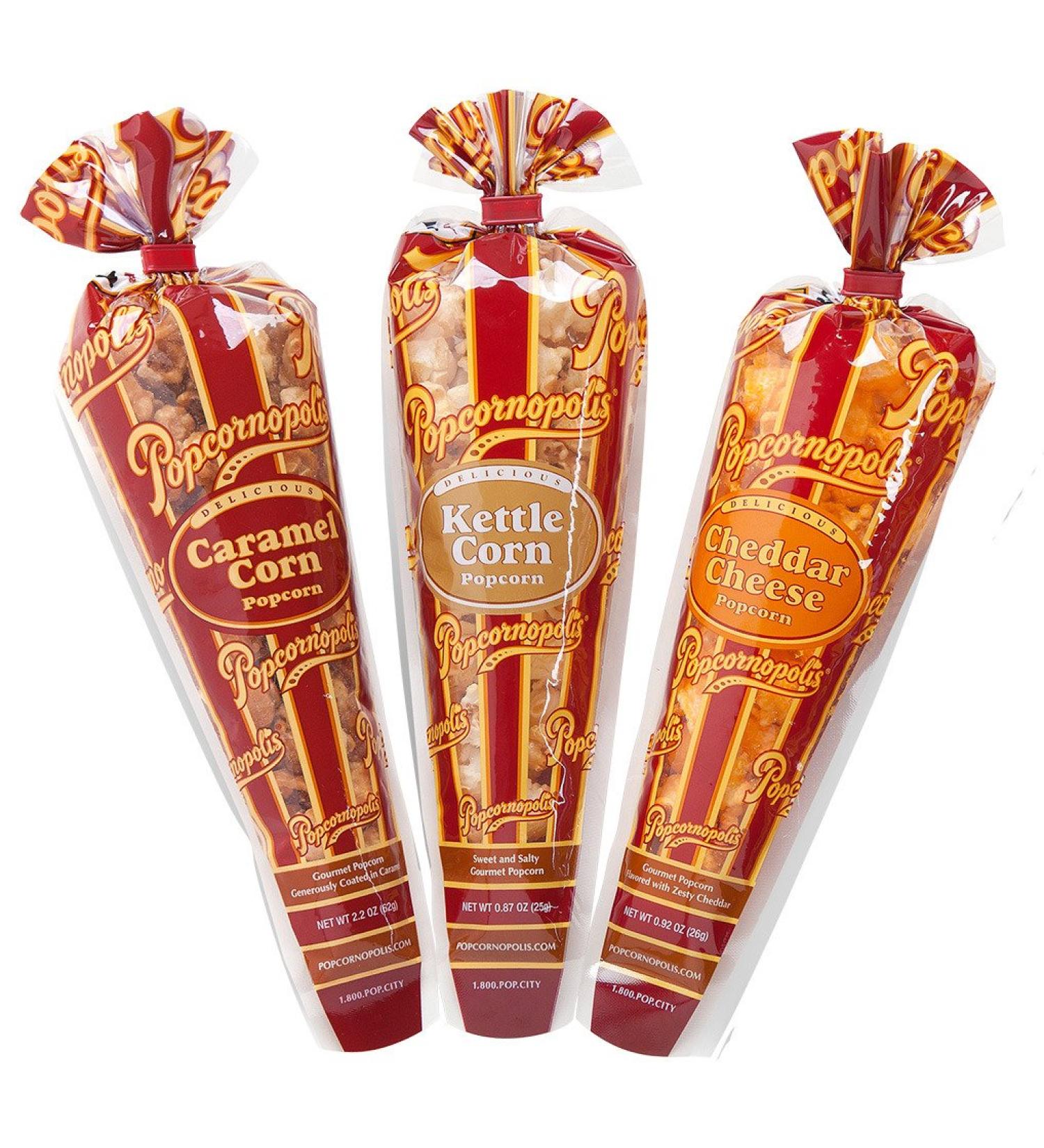 Popcornopolis Gourmet Popcorn Mini Cone 24 Pack - Classic Mix of Caramel, Cheddar Cheese, and Kettle Corn - Buy Online on GoSupps.com