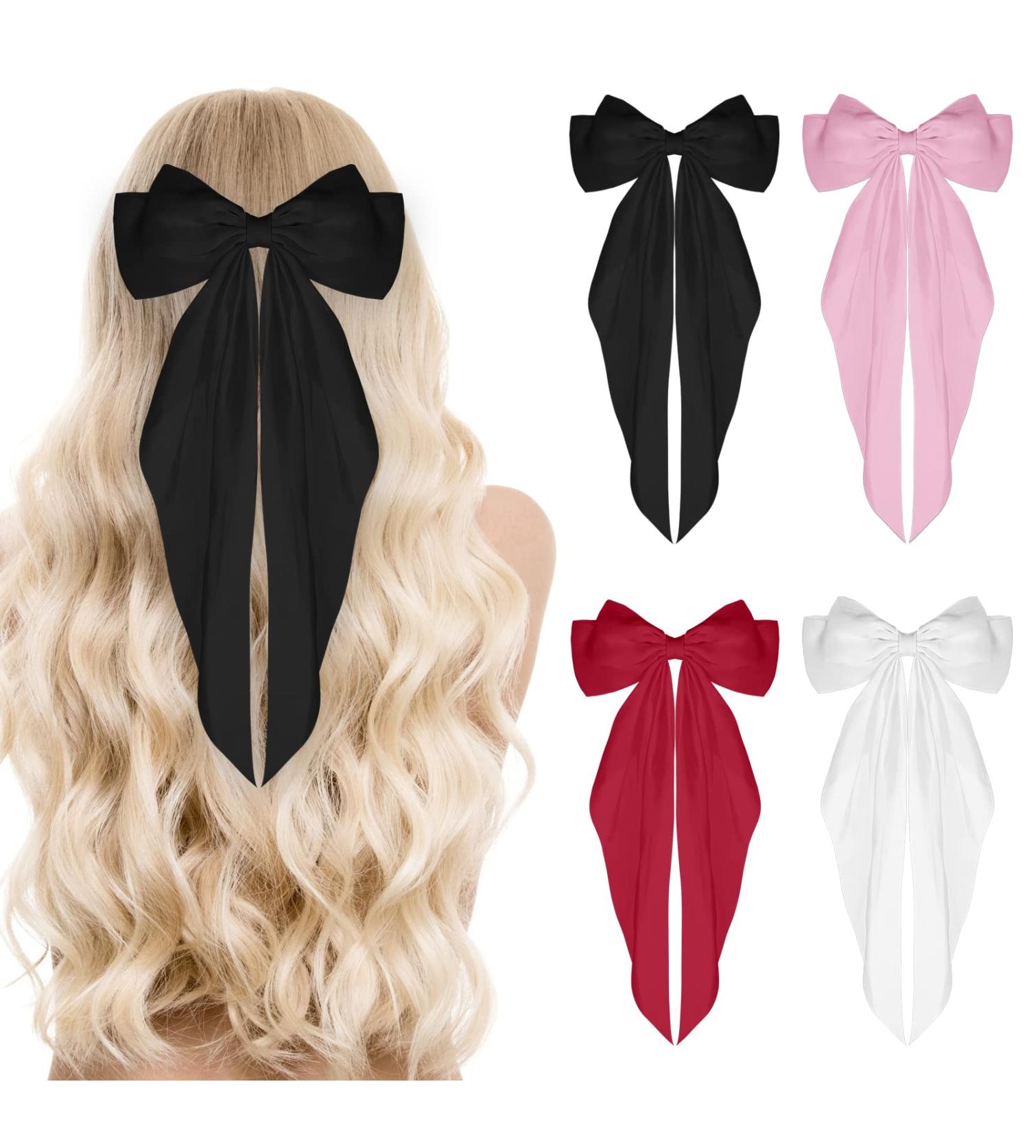 Sibba Satin Hair Barrettes Set - 4Pcs Big Bow Clips with Long Tail, 90's Vintage Hairpins for Women and Girls - Dress Up Accessories and Cute Gifts in Black, White, Pink, and Wine Red - Buy Online on GoSupps.com