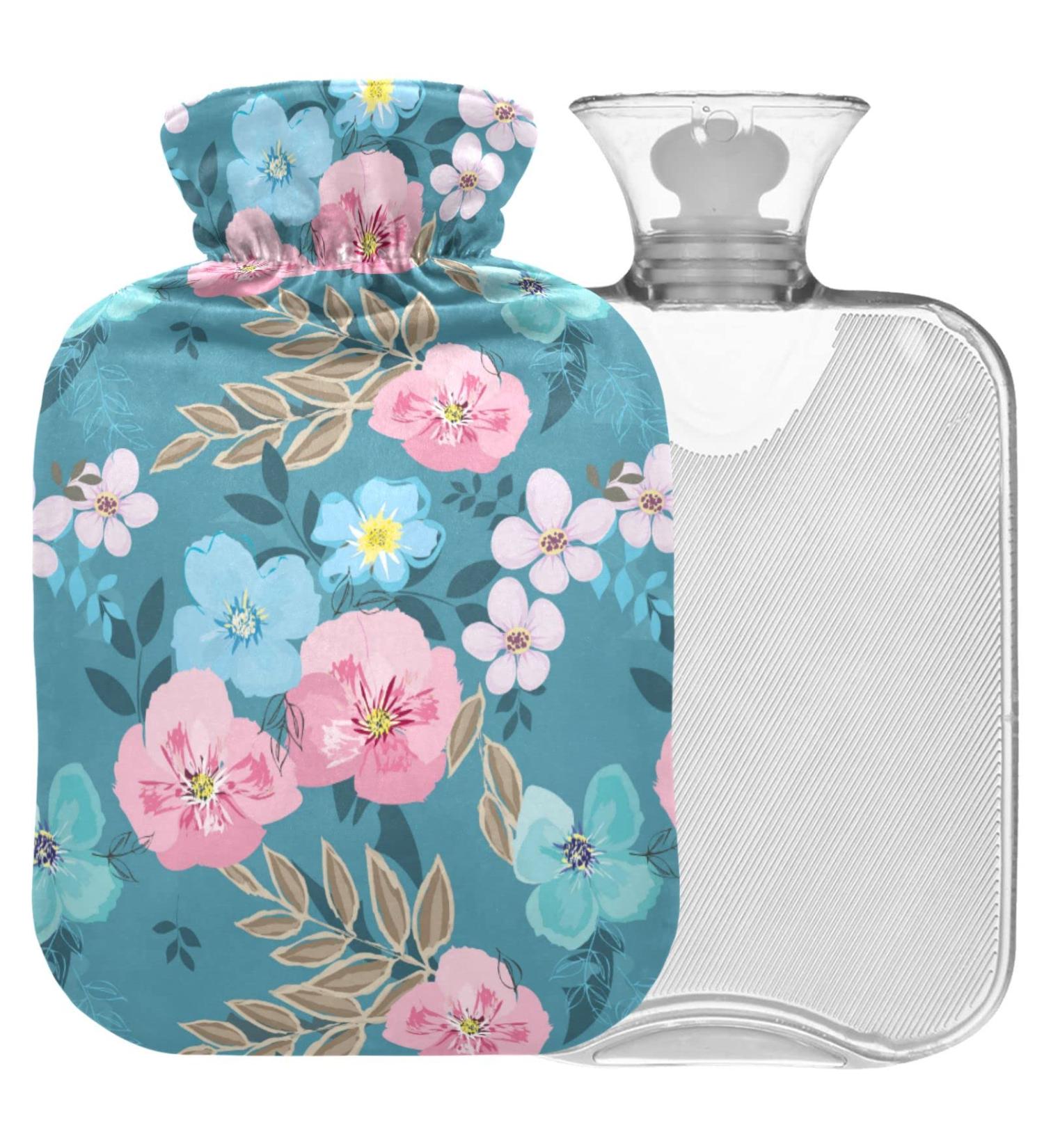 Naanle 2L Hot Water Bottle with Cover - Blue Pink Floral Hot Water Bottle for Back Pain Relief Hand & Foot Warmer Neck Warmth & Cold Therapy - Buy Online on GoSupps.com