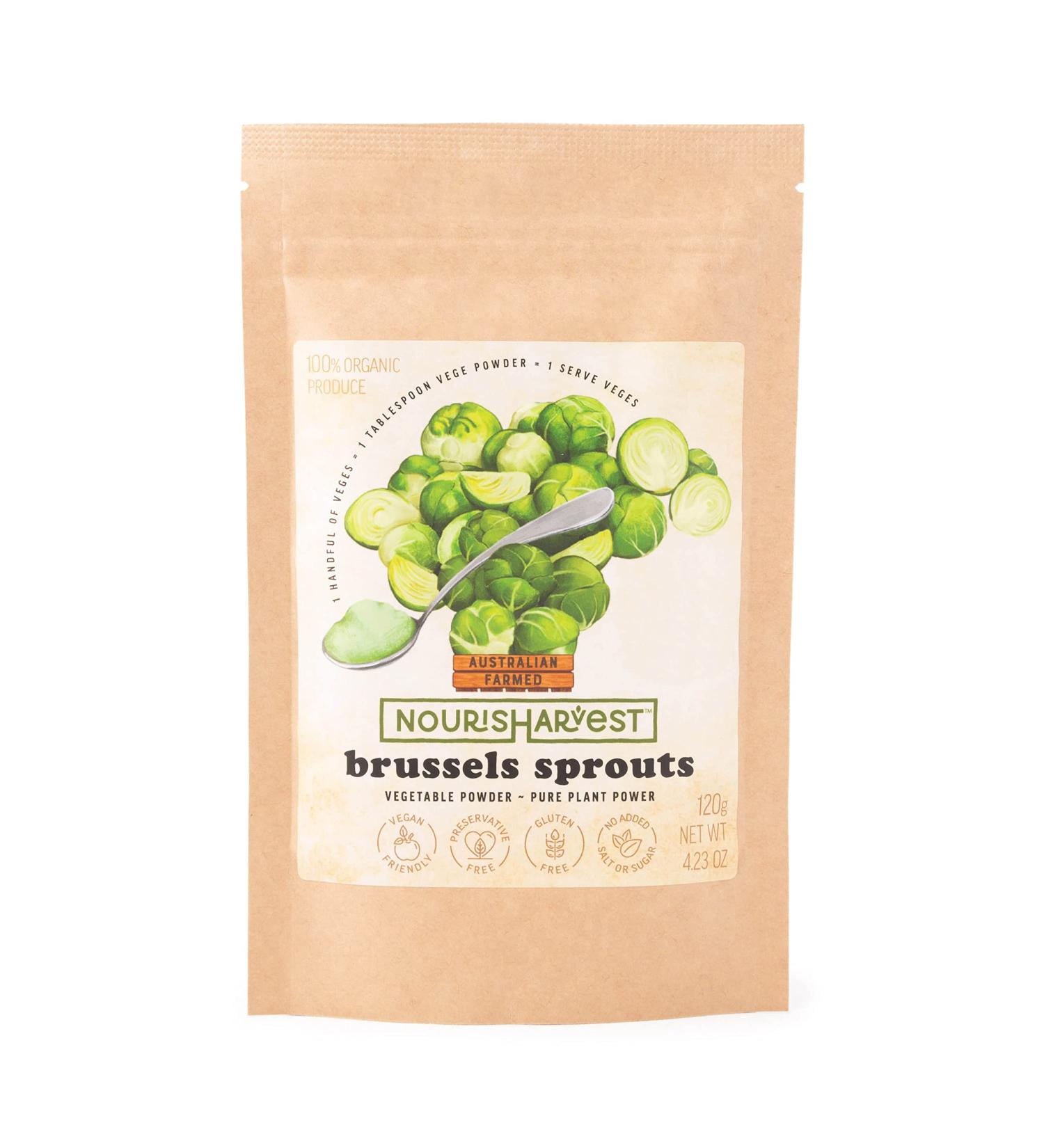 Nourisharvest Raw Brussels Sprouts Powder - Pure concentrated plant powder- Harvested + Dried on the farm- No added Sugar or Salt. No Preservatives Gluten Free 120grams Made in Australia - Buy Online on GoSupps.com