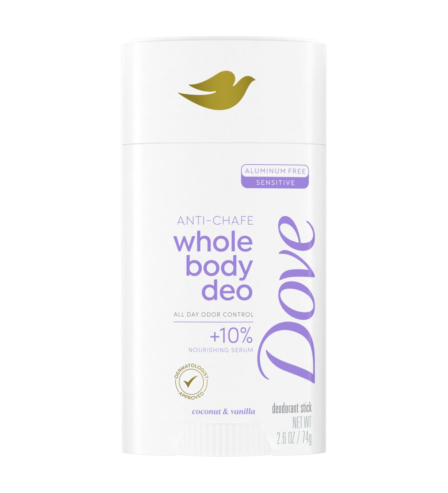 Dove Whole Body Deo Aluminum Free Anti-Chafe Deodorant Stick Coconut & Vanilla for 72h Odor Control 2.6 Oz Coconut & Vanilla 2.6 Ounce (Pack of 1) - Buy Online on GoSupps.com