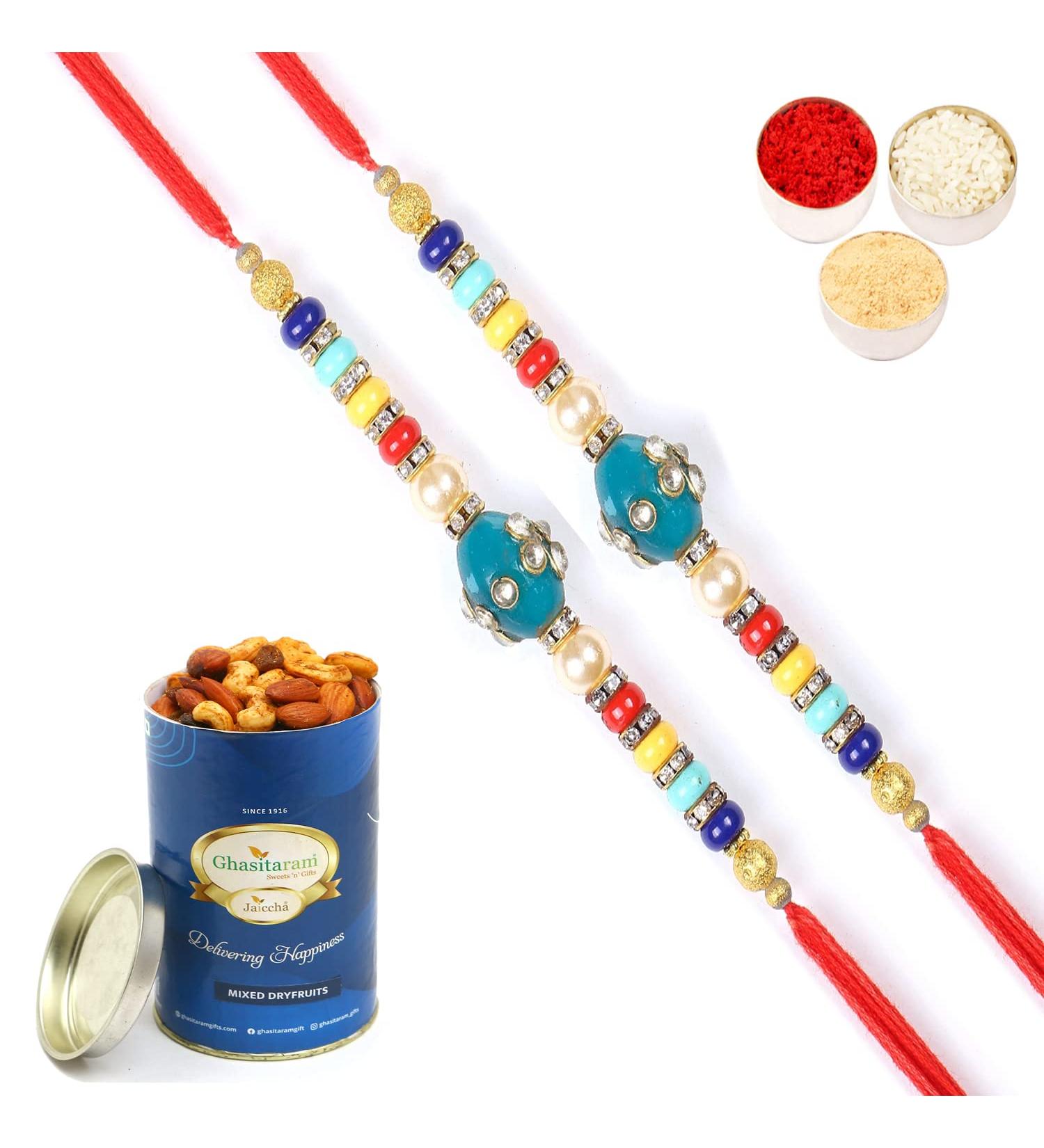 Ghasitaram Gifts Rakhi for Brother Rakhis Online - Set of 2-2K-276 Fancy Thread Rakhis with 100 GMS of Dryfruits Mix Can 2 Rakhi with 100 gms of Dryfruits Mix Can - Buy Online on GoSupps.com