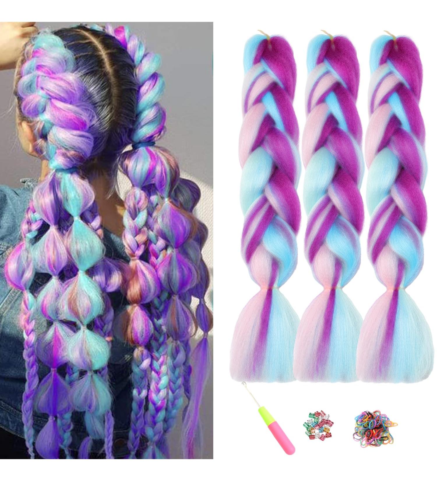 3 Pieces Jumbo Braid Kunsthaar 24 Inch Kanecalon Rainbow Braiding Hair Extensions - Crochet Twist Lichen Hair (Purple/Blue/Pink/Cyan) | International Shipping - Buy Online on GoSupps.com