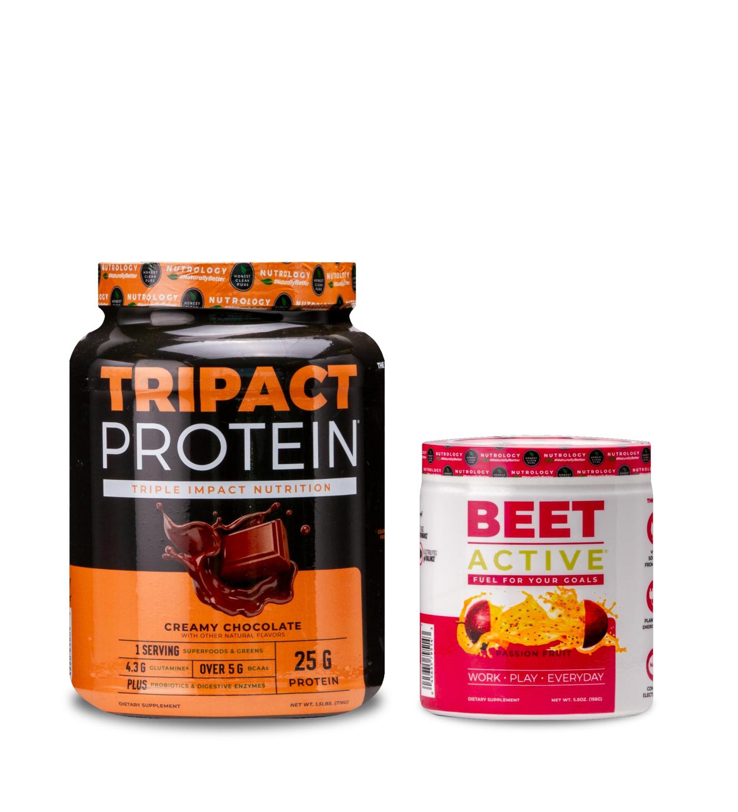 Nutrology TRIPACT Protein Powder 7-in-1 Meal Replacement Shake Creamy Chocolate Flavor (20 Servings) Beet Active Natural Pre-Workout Powder Passion Fruit Flavor (30 Servings) - Buy Online on GoSupps.com