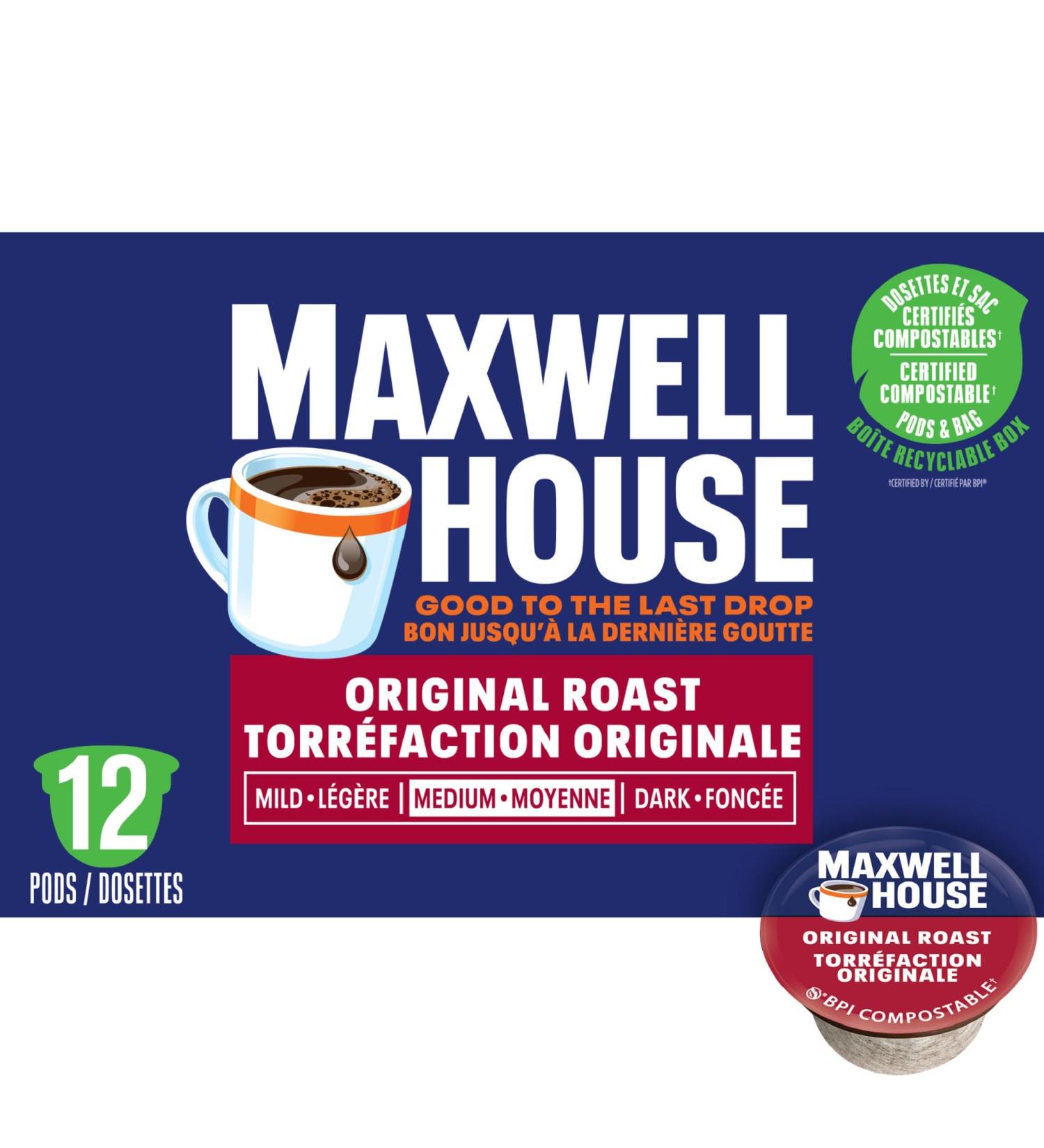 Maxwell House Original Roast Coffee 100% Compostable K Cup Coffee Pods 114g (6 Boxes of 12 Pods) Original Roast Original Roast 12 count (Pack of 6) - Buy Online on GoSupps.com