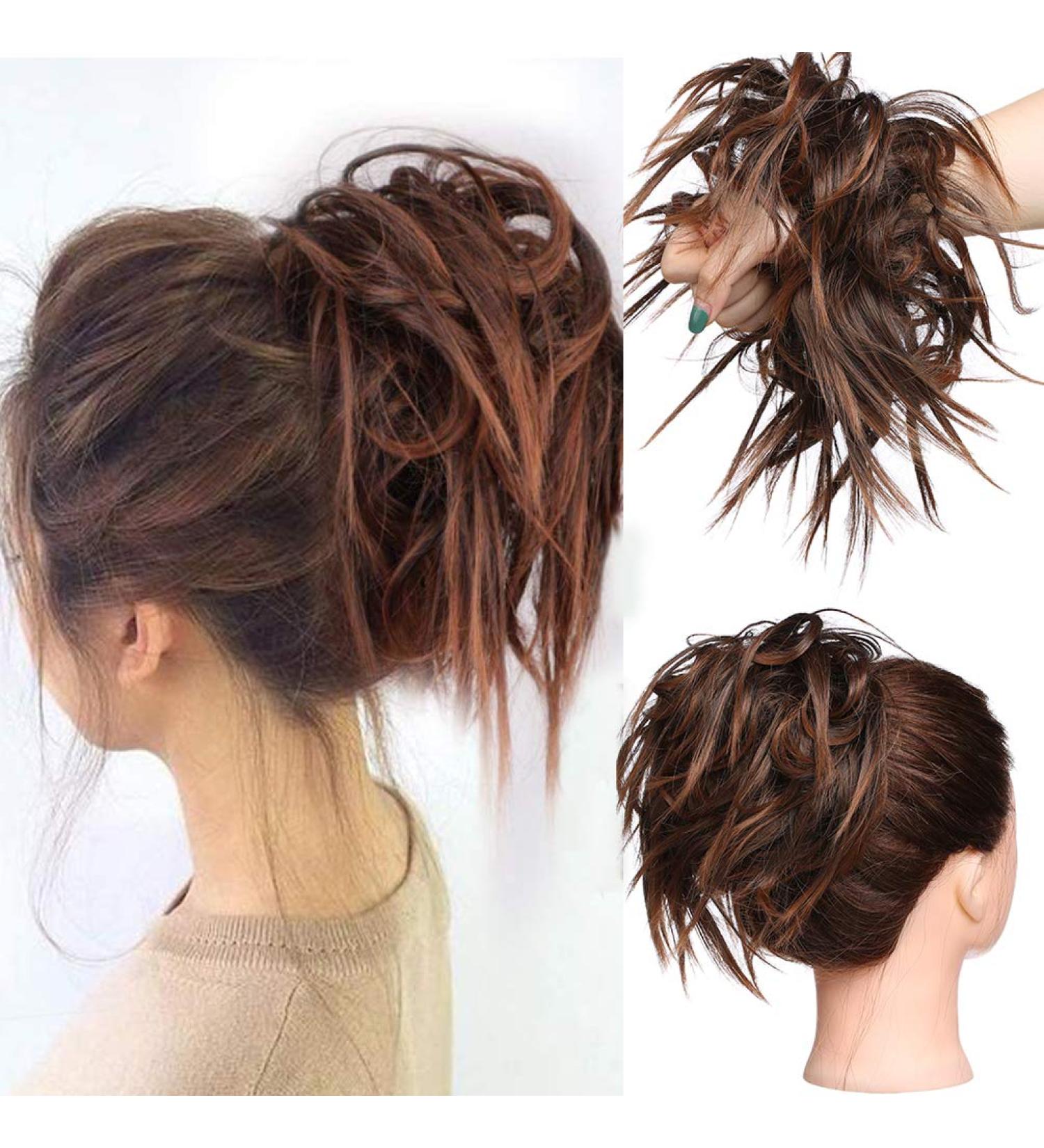 Tousled Updo Messy Bun Hair Extension - Synthetic Wavy Hairpiece for Women, Auburn Mix Medium Brown - Instant Ponytail Chignon Scrunchies - Buy Online on GoSupps.com