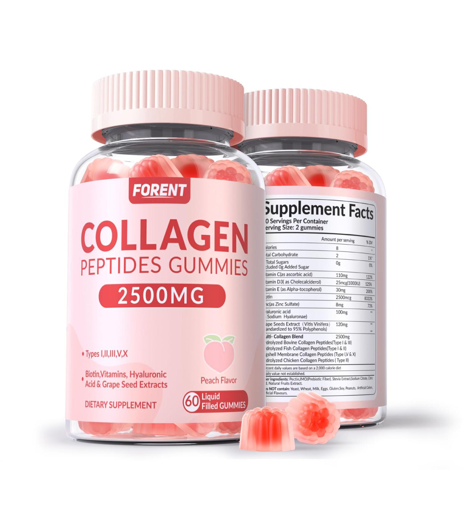 Forent 2500mg Collagen Gummies for Women & Men with Biotin, Vitamin D3, Hyaluronic Acid | Supports Skin Hair Nails & Joints, Sugar-Less Colageno Hidrolizado for Women, 60 Servings Peach Flavor - Buy Online on GoSupps.com