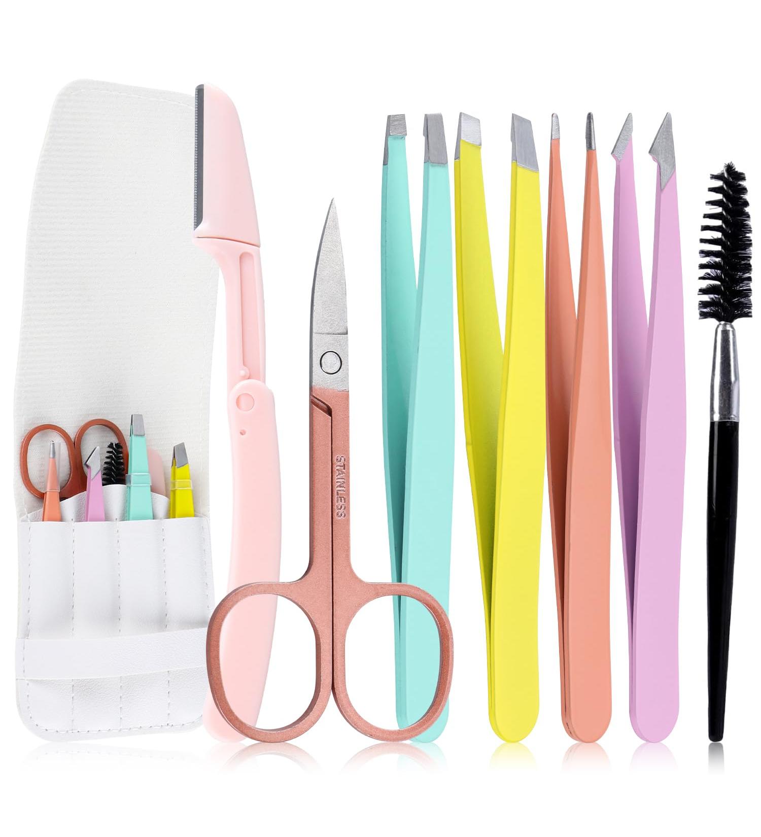 Tweezers Set 7 Pieces Stainless Steel Tweezers Eyebrow Scissors Eyebrow Brush Eyebrow Razor for Face Chin Eyebrow Splitters and Ingrown Hair Removal (Multi-Colour) - Buy Online on GoSupps.com
