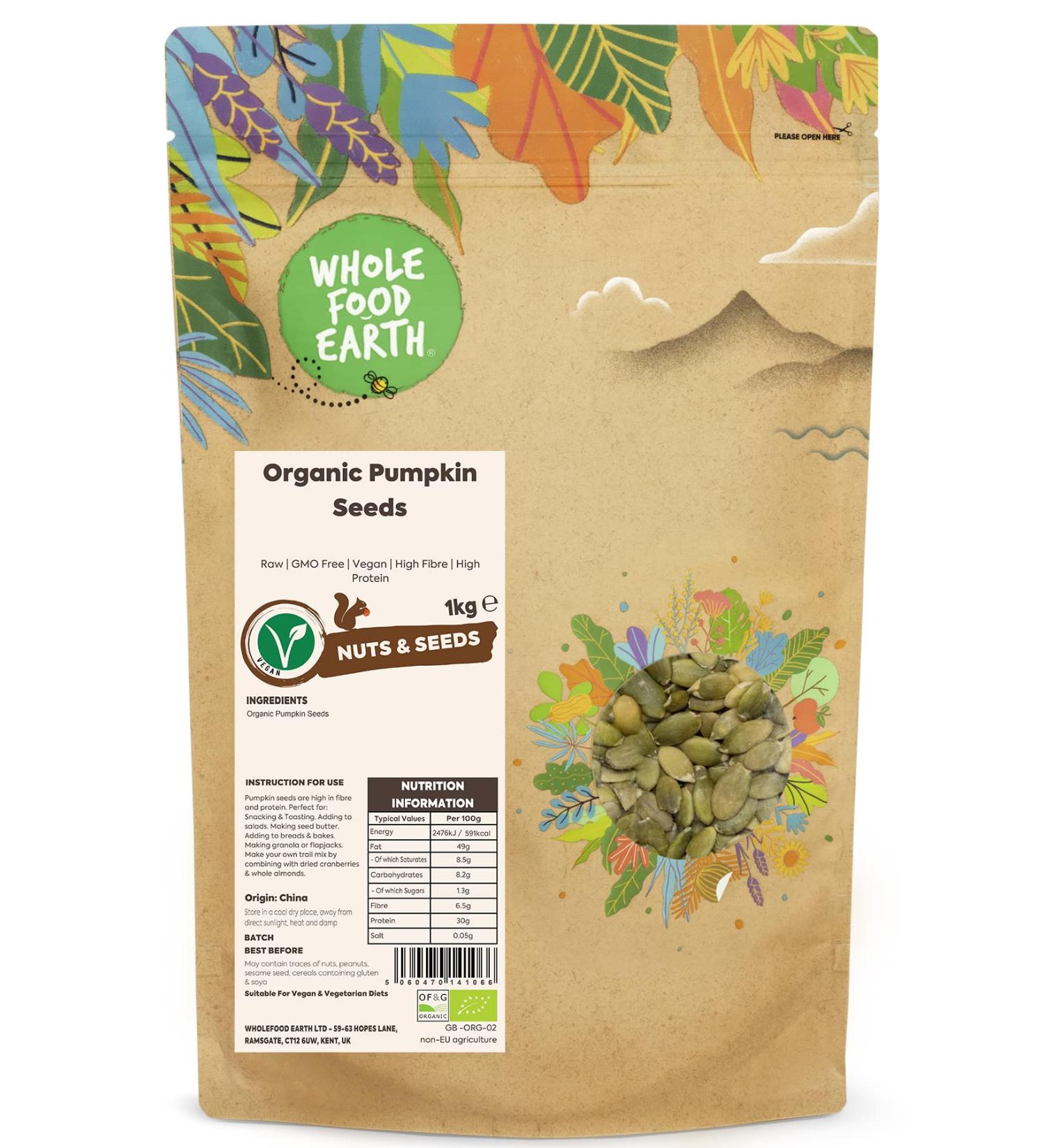 Wholefood Earth Organic Pumpkin Seeds 1kg - Raw, GMO-Free, Vegan - High Fibre, High Protein - Certified Organic - Buy Online on GoSupps.com