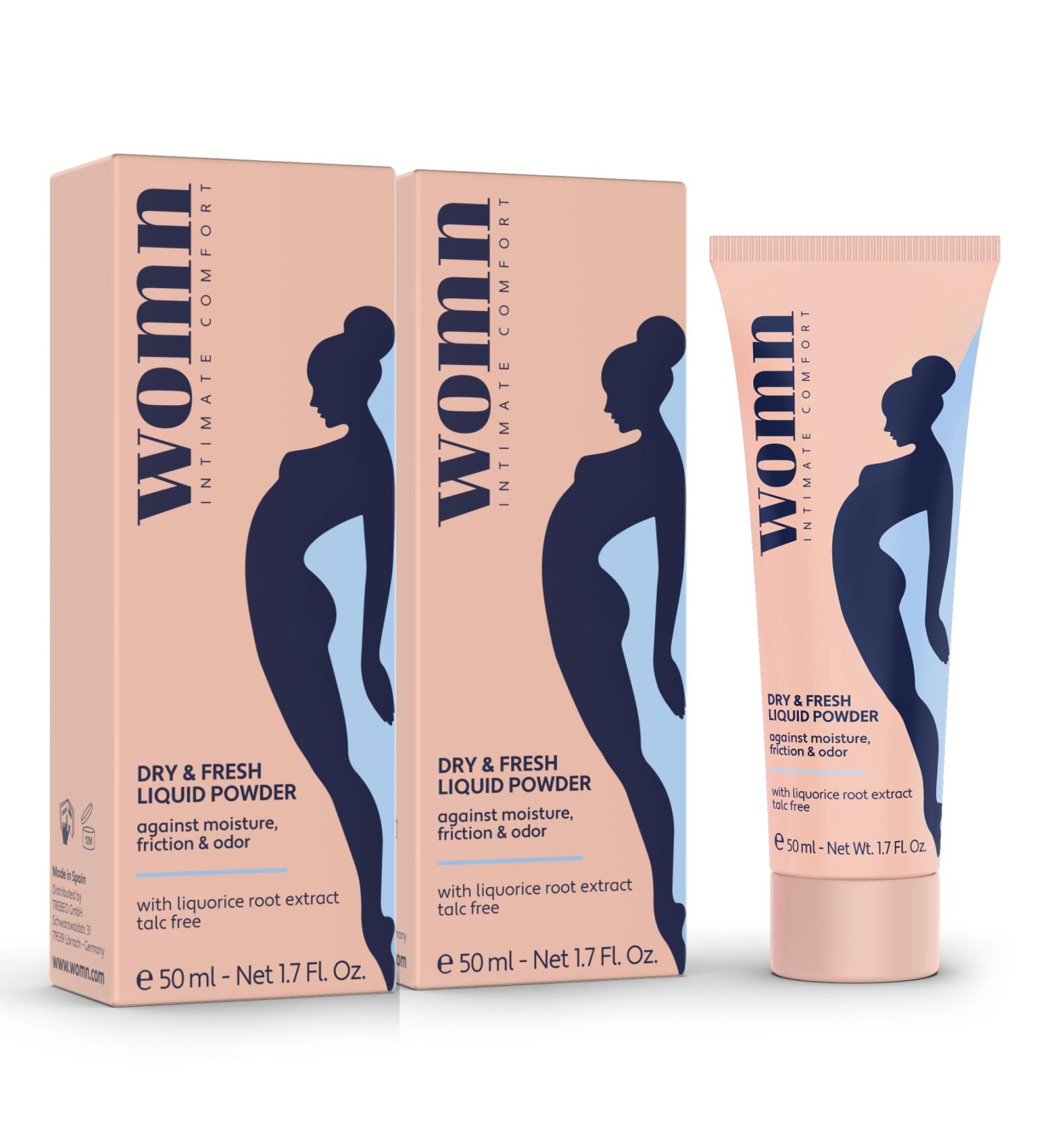 womn Dry & Fresh Liquid Powder Poudre corporelle liquide sans talc pour la zone intime l aine et sous la poitrine Absorbe la transpiration et aide r duire les frottements et odeurs (2 X 50 ml) - Buy Online on GoSupps.com