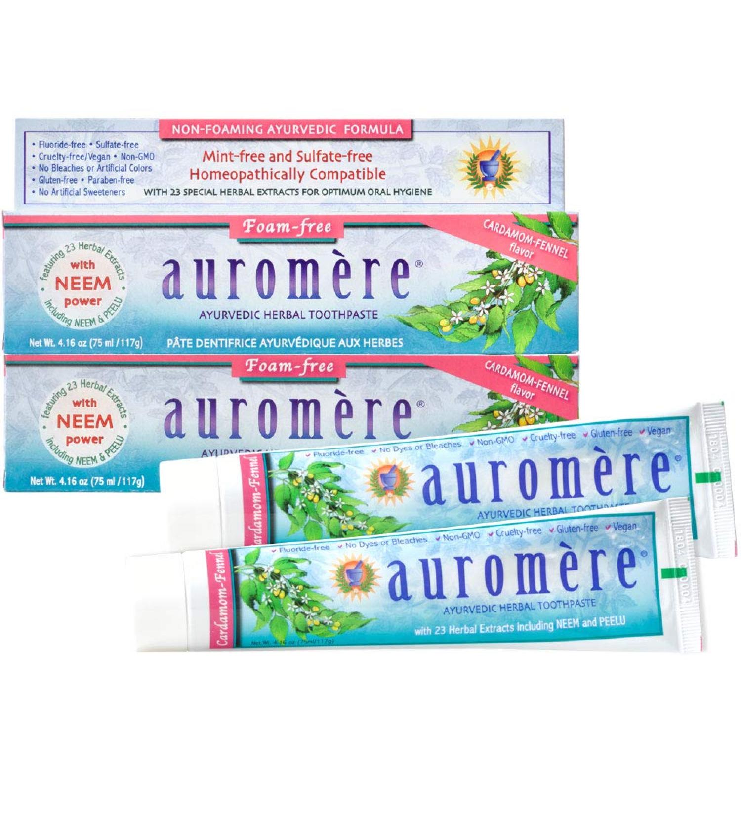Auromere Herbal Toothpaste Cardamom Fennel 2 Pack - Vegan Non GMO SLS Fluoride Gluten Free with Neem & Peelu - 4.16 oz - Buy Online on GoSupps.com