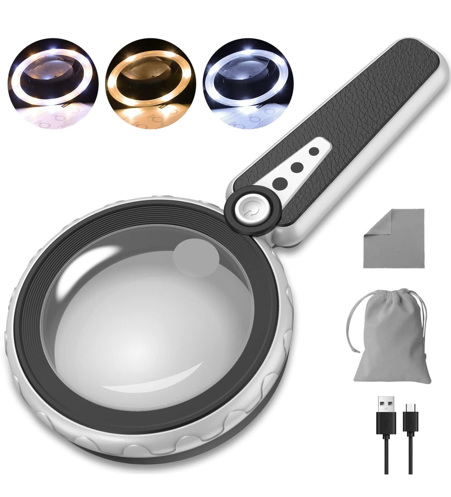 6X 10X Handheld Magnifying Glass with 12 LED Light, 3 Light Modes | Adjustable Brightness | USB Powered | Magnifier for Seniors Reading and Close Work - Buy Online on GoSupps.com