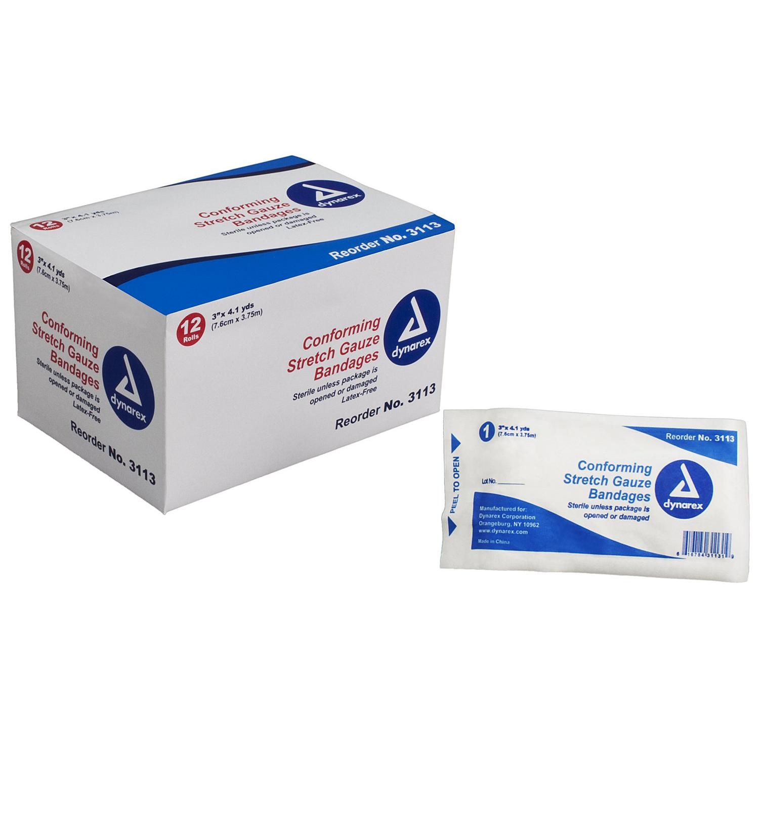 Dynarex Stretch Gauze Bandage Roll Sterile 3 Inches by 4 Yards - Box of 12 (1 Box)