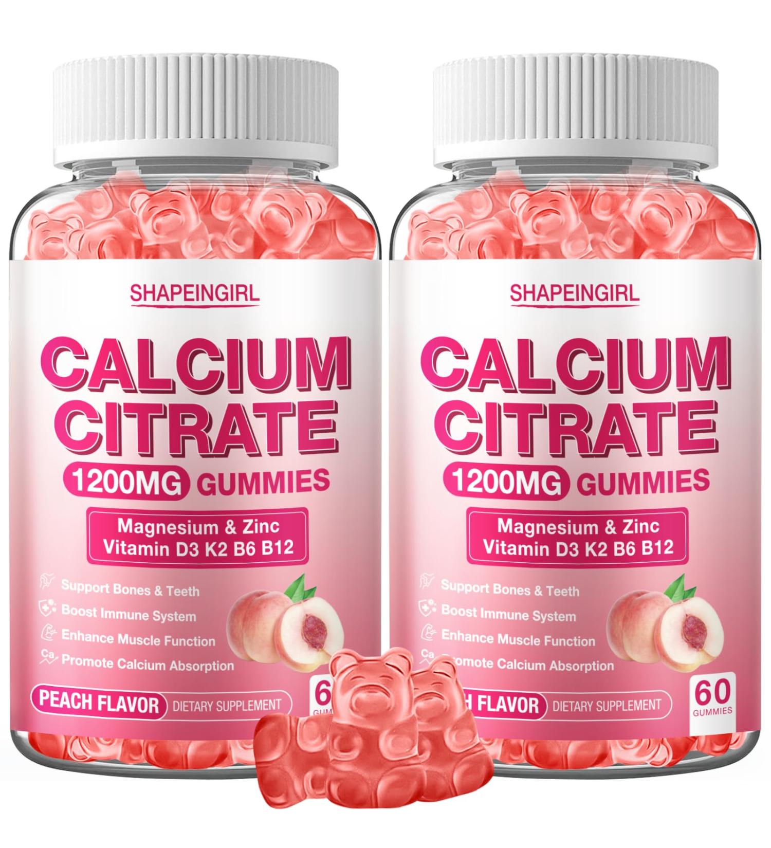 1200mg Calcium Citrate with Vitamin D3 K2 B6 & B12 Calcium Supplements for Women & Men Plus Magnesium Zinc for Bones Muscle & Immune Support High Absorption 120 Calcium Gummies Peach Flavor