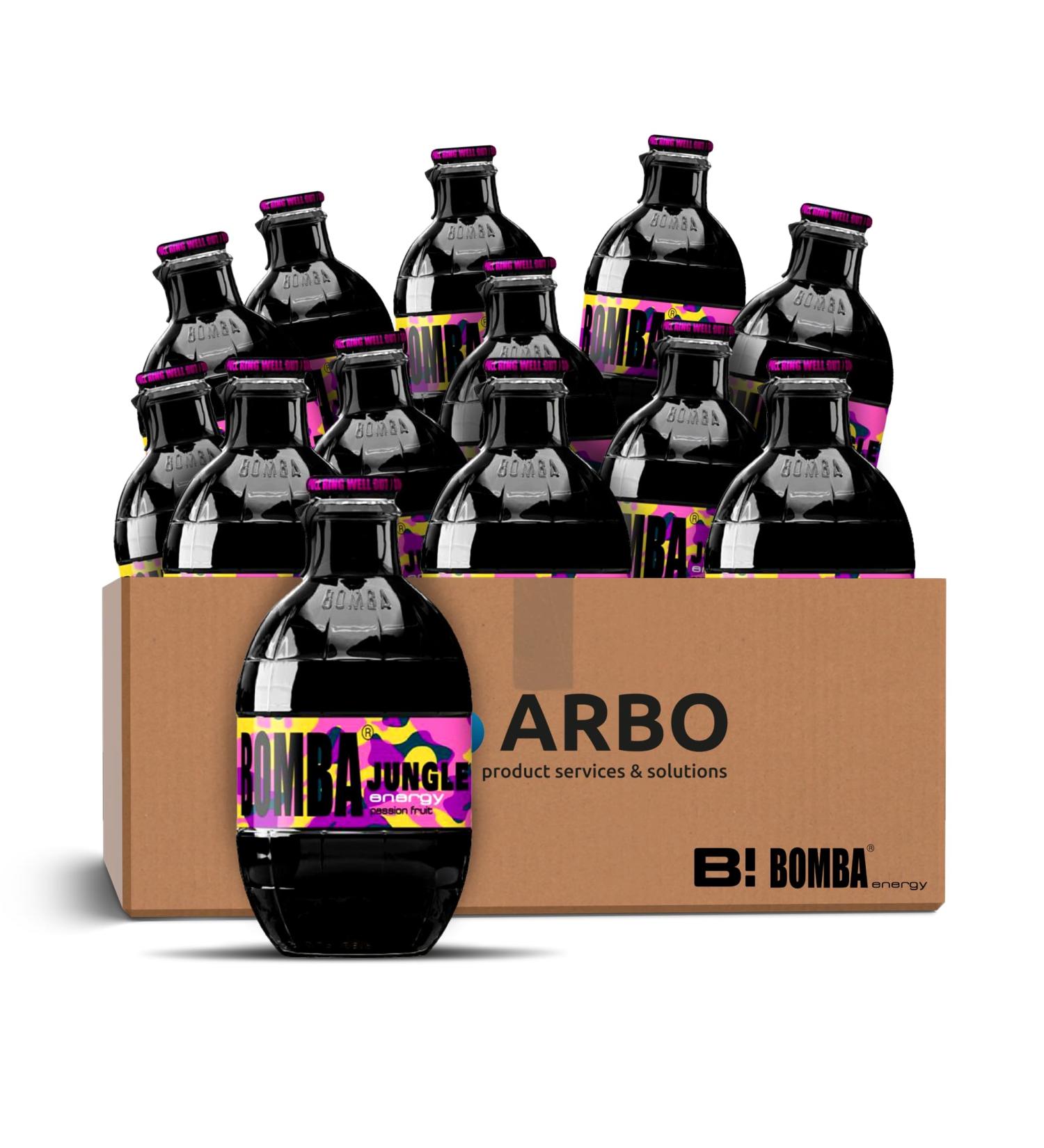 Bomba energy drink Jungle passion fruit 12 x 250 ml soft drink in stylish glass bottle in 12pack + ArBoLiving sticker - Buy Online on GoSupps.com