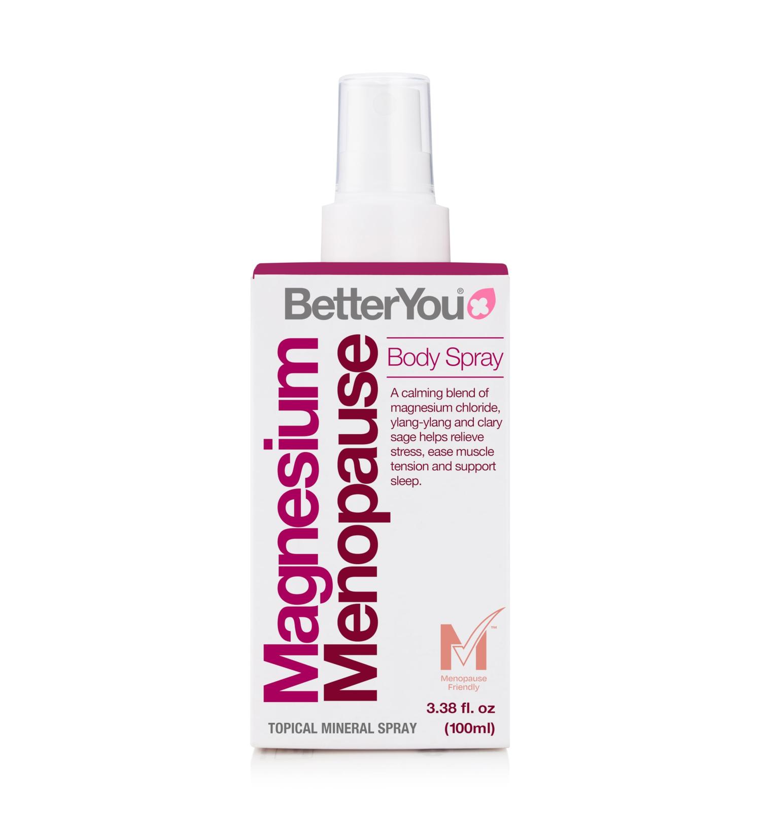 BetterYou Magnesium Menopause Body Spray | Pure Magnesium Chloride | Ylang-ylang & Clary Sage | Relief for Menopausal Symptoms | Stress & Sleep Aid | 100ml - Buy Online on GoSupps.com