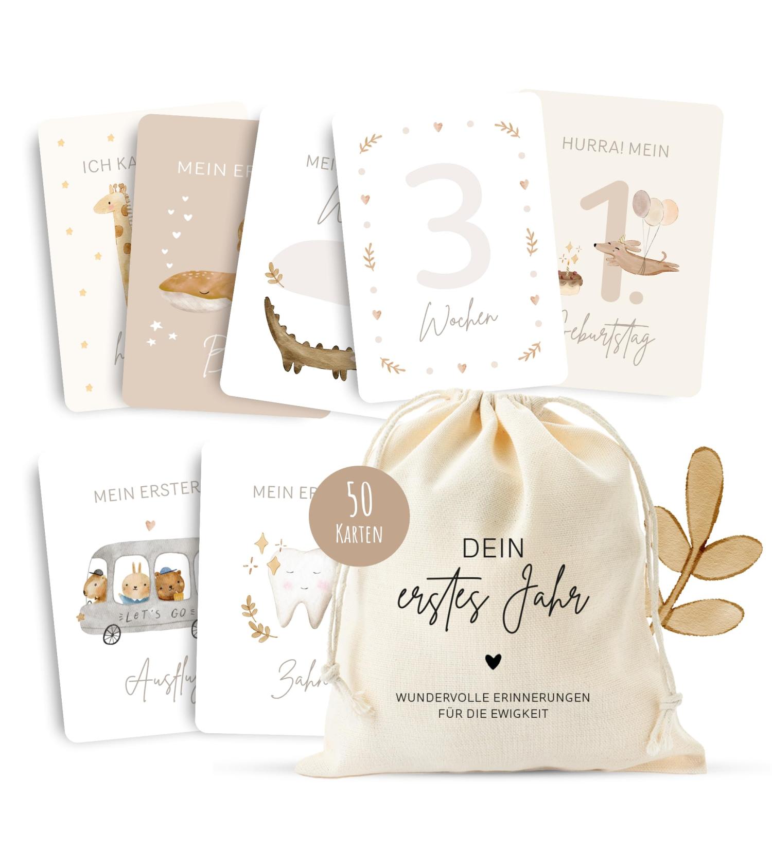Meinbaby123 Milestone Cards | Baby's First Year Photo Set | 50 Cards & Cotton Bags | Perfect Birth Gift - Beige Boho Design - Buy Online on GoSupps.com