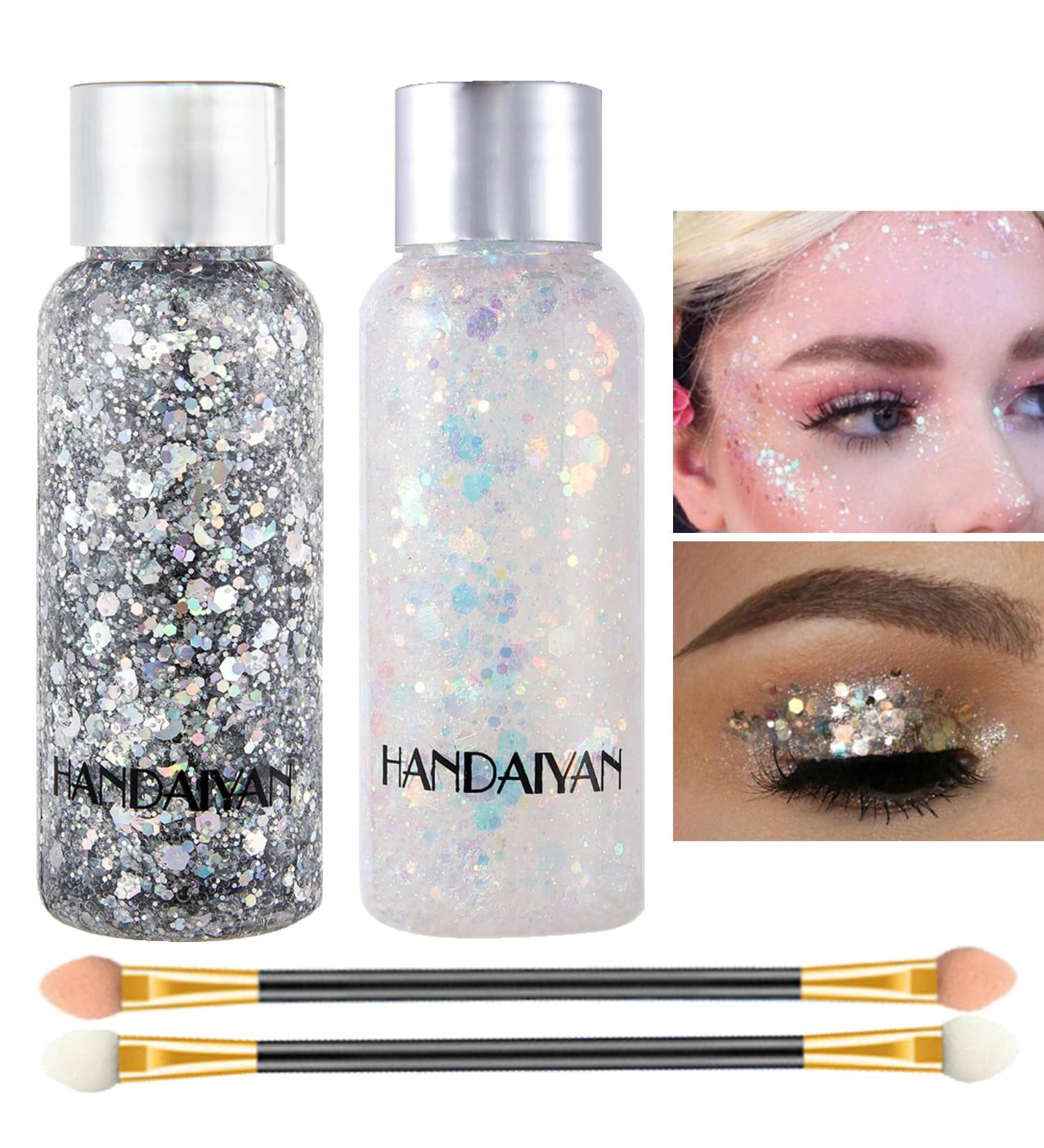 Mermaid Scale Body Glitter Gel - Long Lasting Sparkling Cream for Eyes, Lips, Nails, and Hair - Silver White Color - Festival Party Makeup Glitter with Sponge Brushes - Buy Online on GoSupps.com