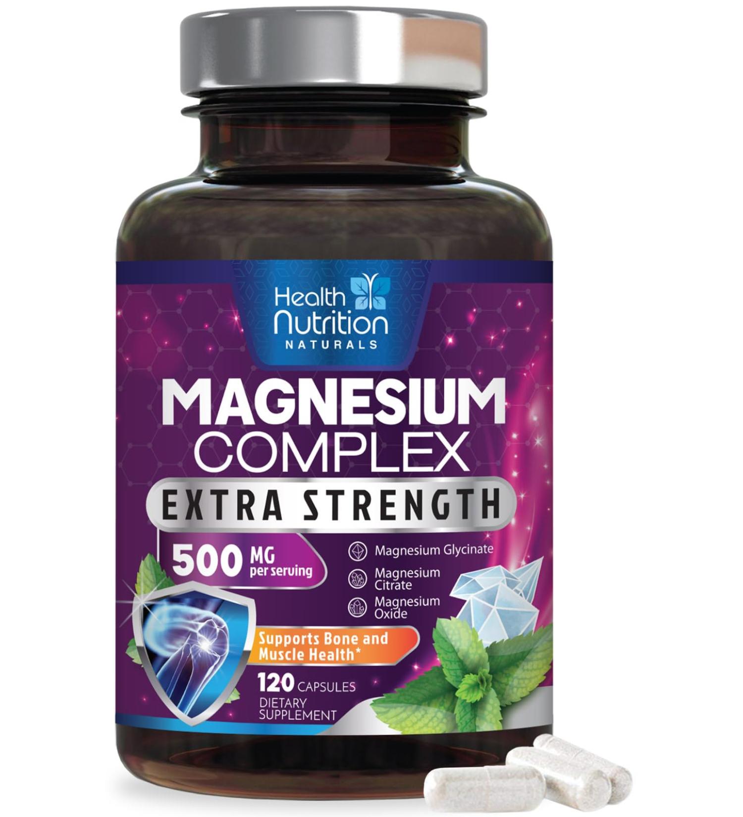 Magnesium Complex Capsules 500mg - High Absorption Chelated Magnesium Mineral Supplements - with Oxide Glycinate Malate Citrate for Muscle Bone and Heart Health Support - 120 Capsules 120 Count (Pack of 1) - Buy Online on GoSupps.com
