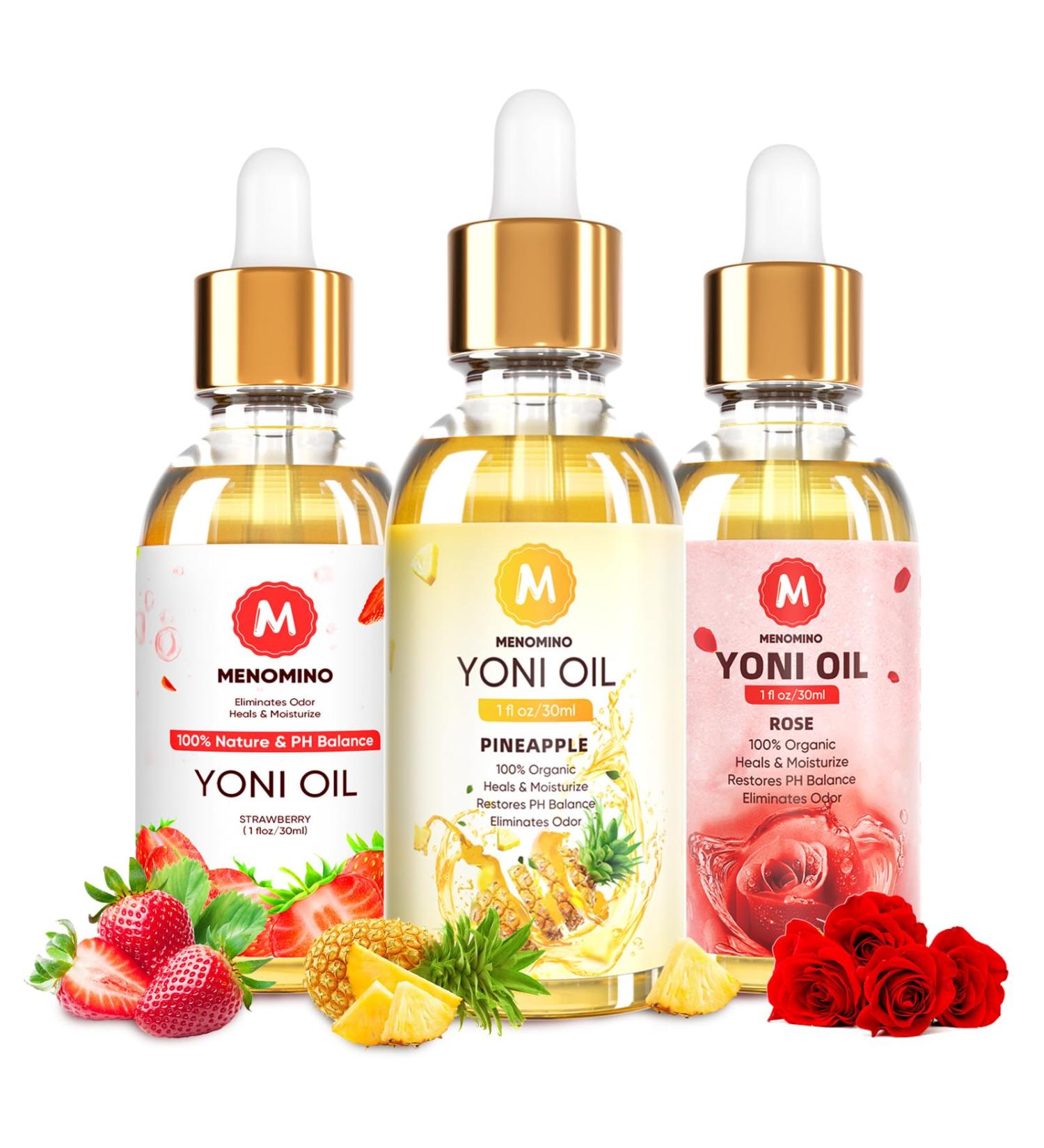 3 Pack Yoni Oil - Organic Feminine Oil for pH Balance Deodorant & Moisturizer | Natural Pineapple Rose Strawberry Essential Oil - 1 fl oz Each - Buy Online on GoSupps.com