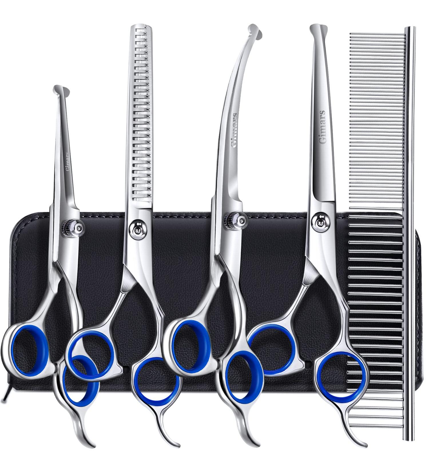 Gimars 6 in 1 Professional Titanium Coated Stainless Steel Dog Grooming Scissors - Safety Round Tip Heavy Duty Pet Scissors for Dogs, Cats, and More - Blue - Buy Online on GoSupps.com