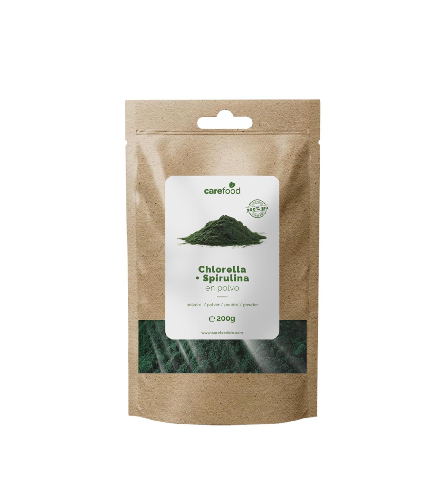 Carefood - Chlorella + Organic Spirulina Powder - 100% Organic Superfood Suitable for Vegans - Natural Super Food with High Nutrient Content and Satietogenic Effect - 200g - Buy Online on GoSupps.com