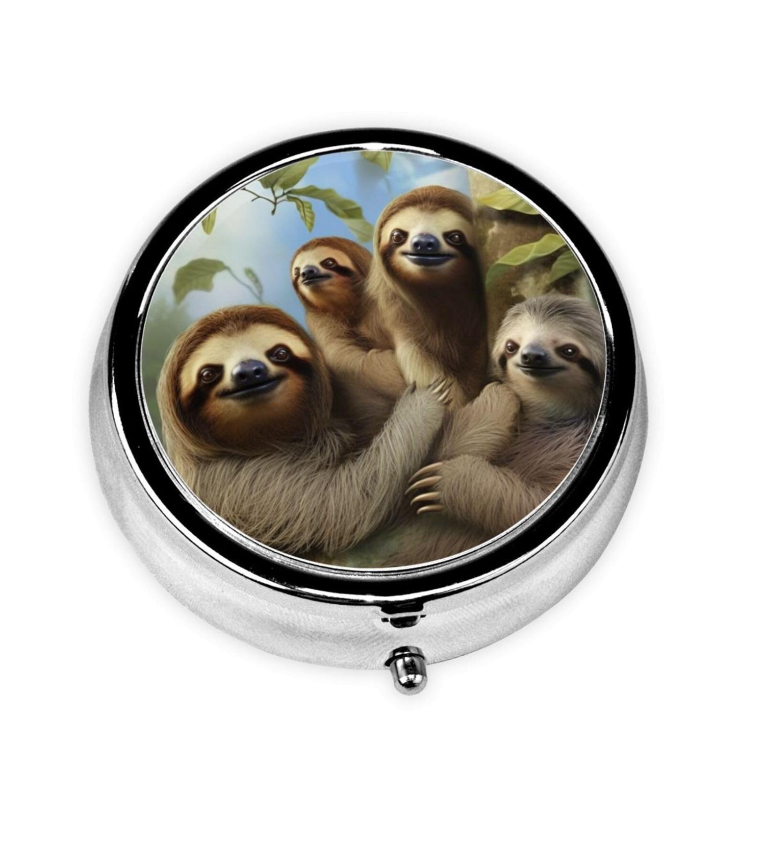 Buy Sloth Family Round Pill Organizer - Portable 3 Compartment Metal Pill Box for Travel & Fashion | Perfect for Pocket & Purse - Buy Online on GoSupps.com