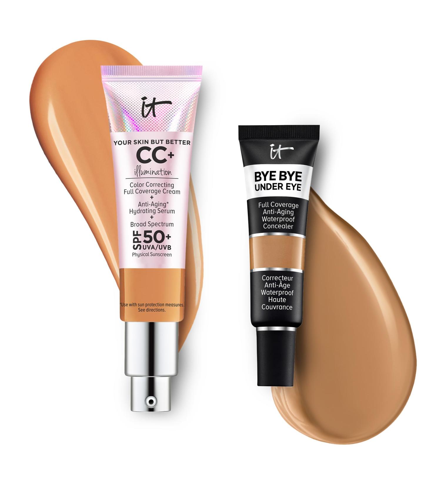 IT Cosmetics CC+ Cream Illumination with SPF 50+ Radiant Full Coverage Foundation (Tan - 1.08 fl oz) & Bye Bye Undereye Concealer Anti-Aging Makeup (33.5 Tan Natural - 0.4 fl oz) - Buy Online on GoSupps.com