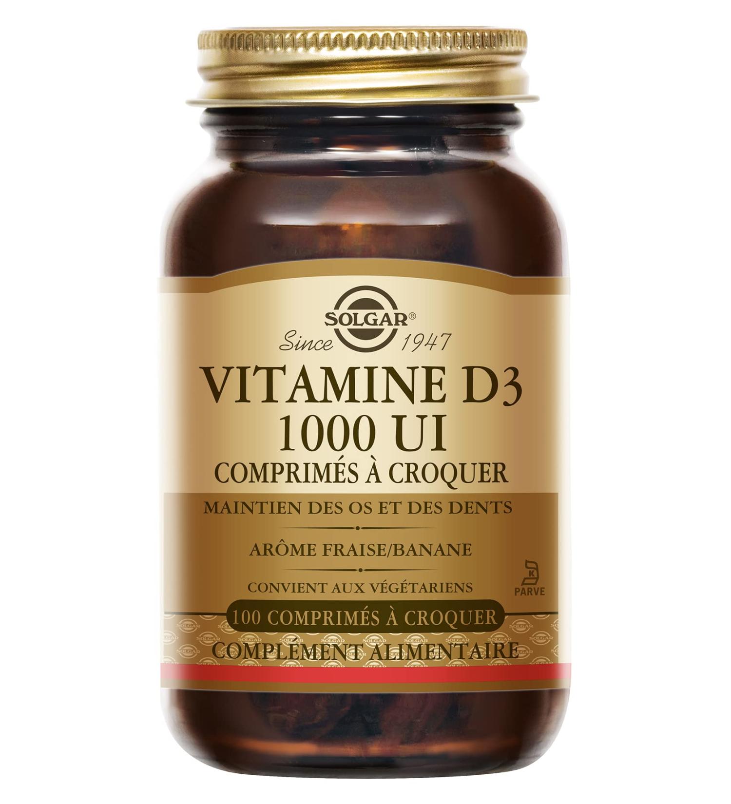 Solgar Vitamin D3 1000 IU chewable - Natural defenses - Immunity - Bone health - Strawberry/banana taste - Food supplement - Bottle of 100 chewable tablets - Buy Online on GoSupps.com