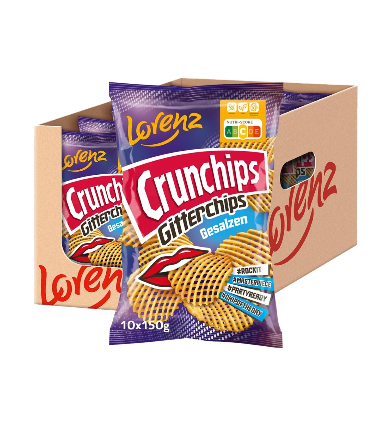Lorenz Snack World Crunchips Lattice Chips Salted - Pack of 10 (150g Each) - Crispy Snacks for International Shipping - Buy Online on GoSupps.com
